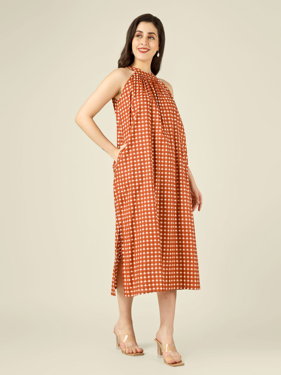 Brown Checked Halter Neck Long Sleeveless Cotton Dress