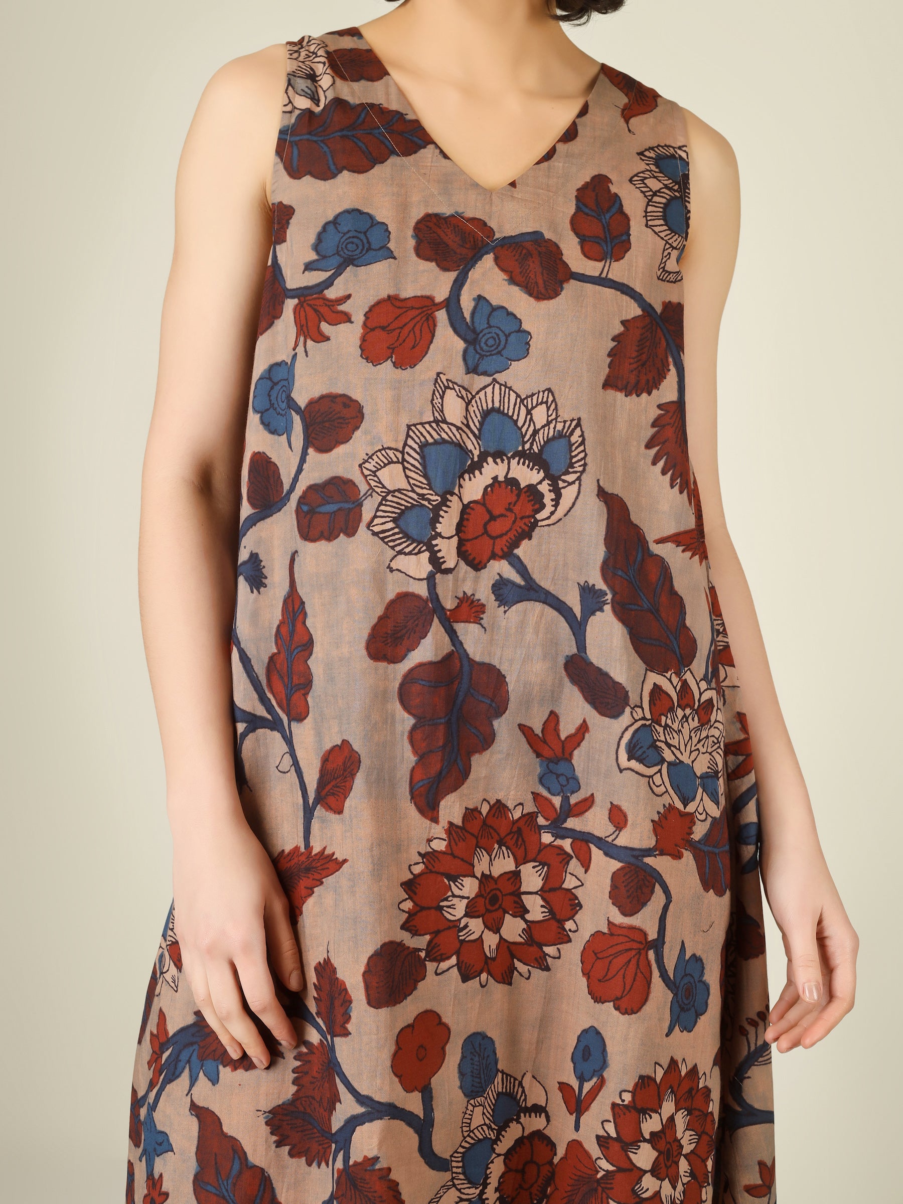 Beige Printed V-Neck Sleeveless A-Line Cotton Dress
