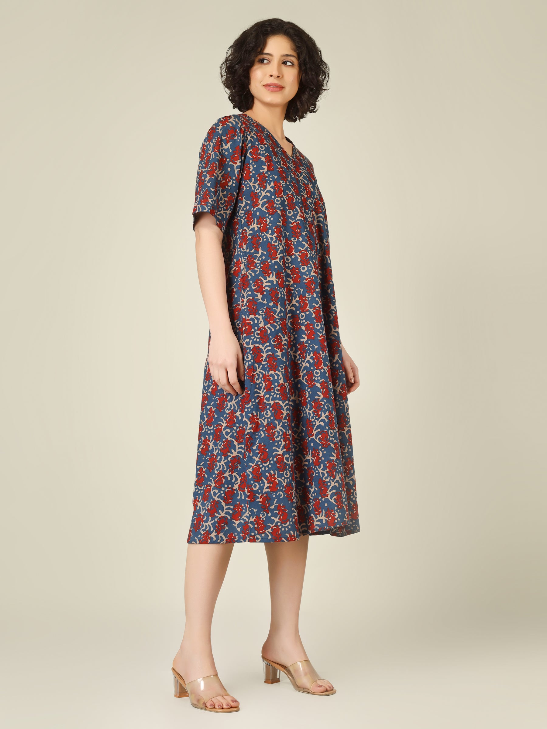 Blue Printed Half-Sleeve A-Line Cotton Dress