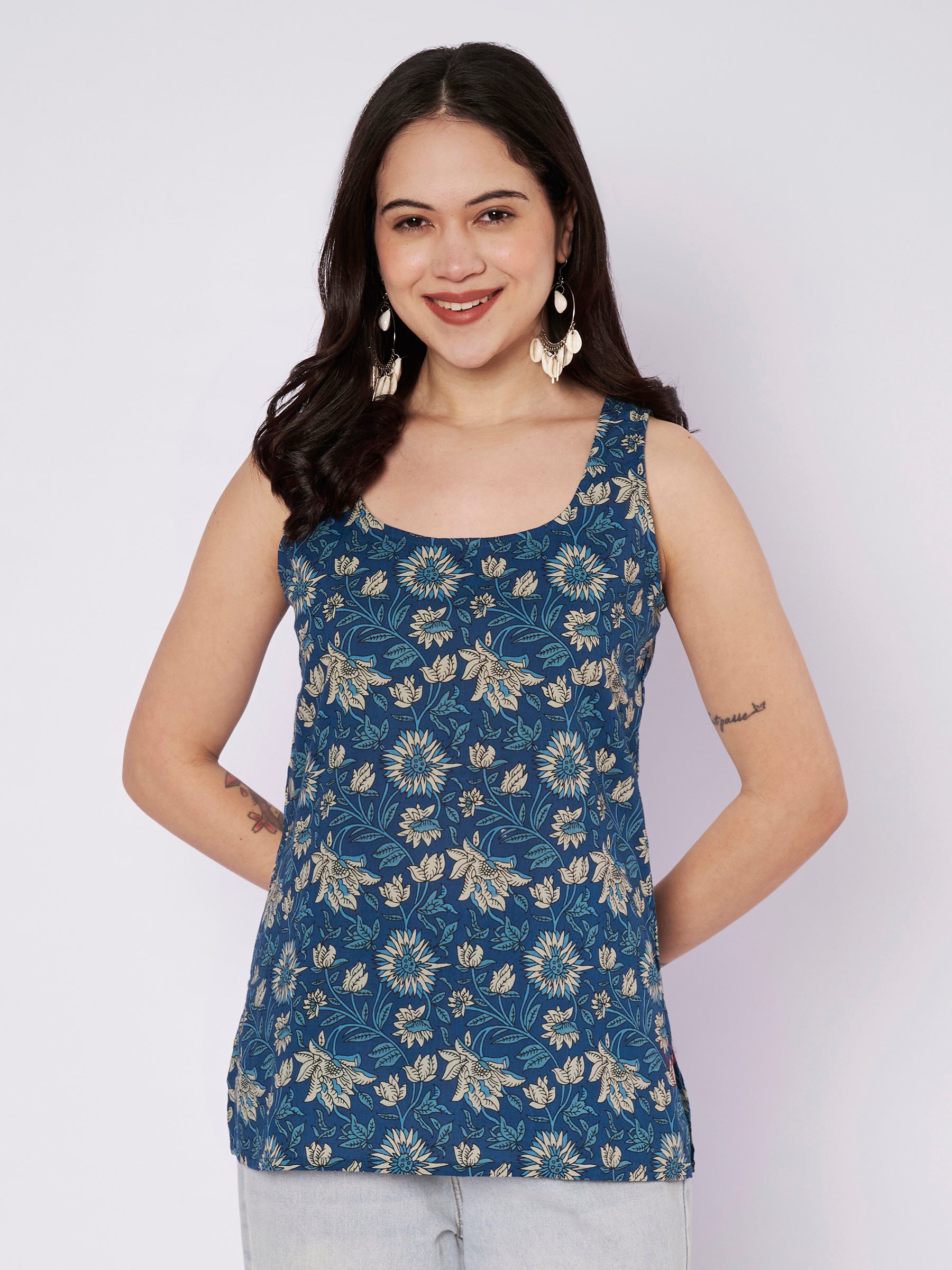 Blue Printed Sleeveless Cotton Top