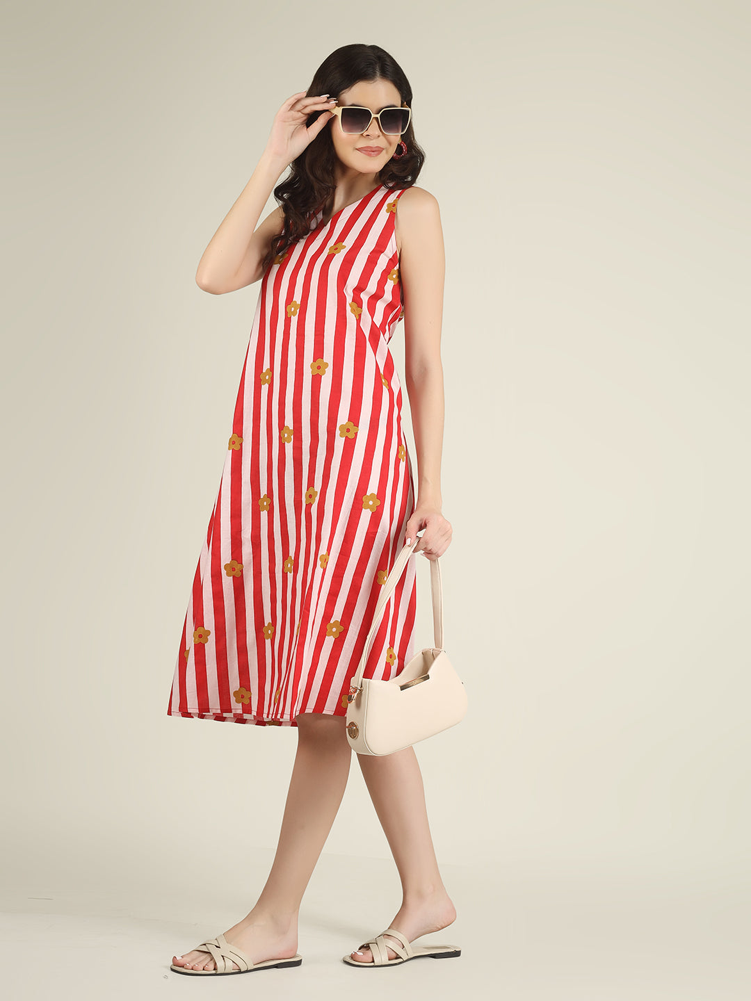 Red Striped Sleeveless V-Neck A-Line Cotton Dress