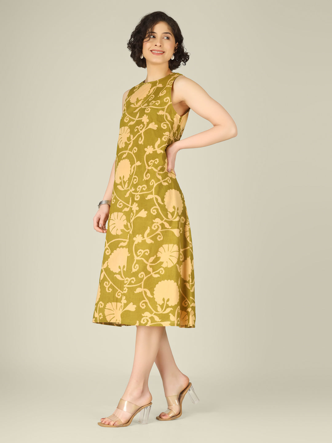 Green Printed Sleeveless A-Line Cotton Dress