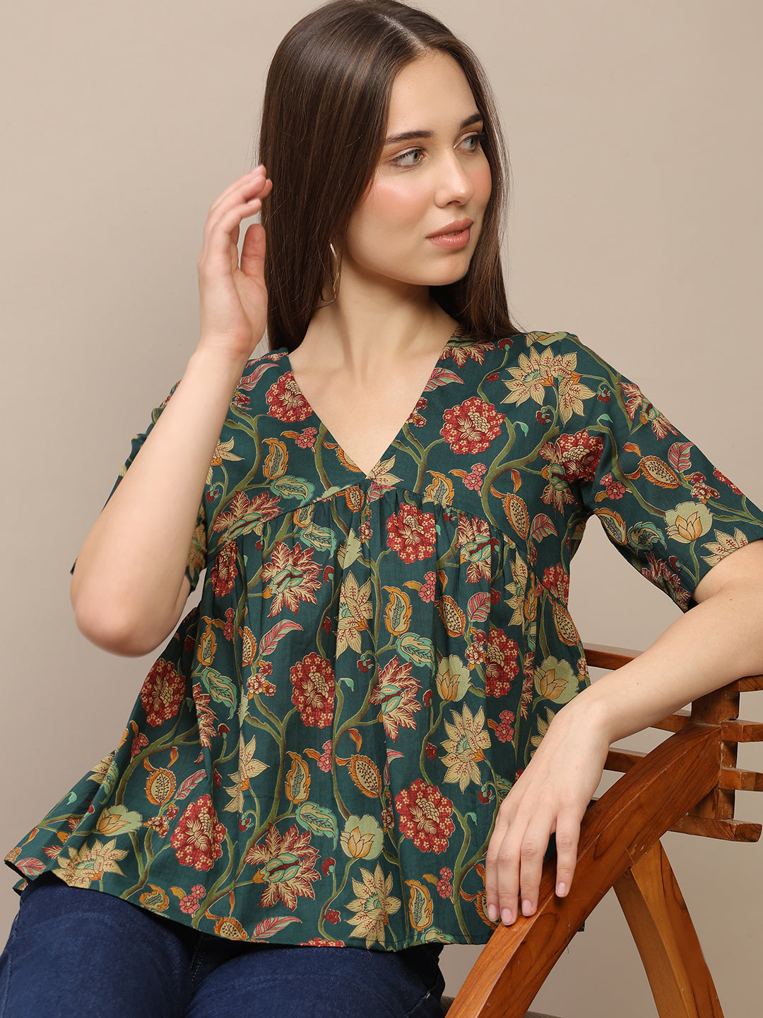 Green Printed Half-Sleeve Alia-Cut Cotton Top
