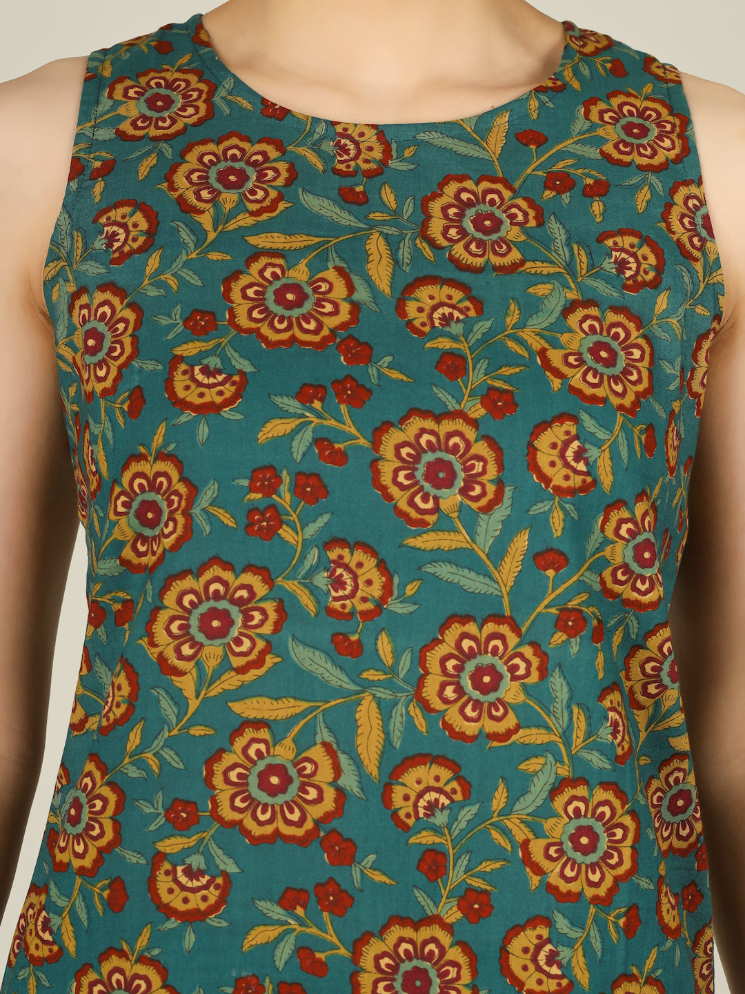 Green Printed Round Neck Sleeveless Cotton Top