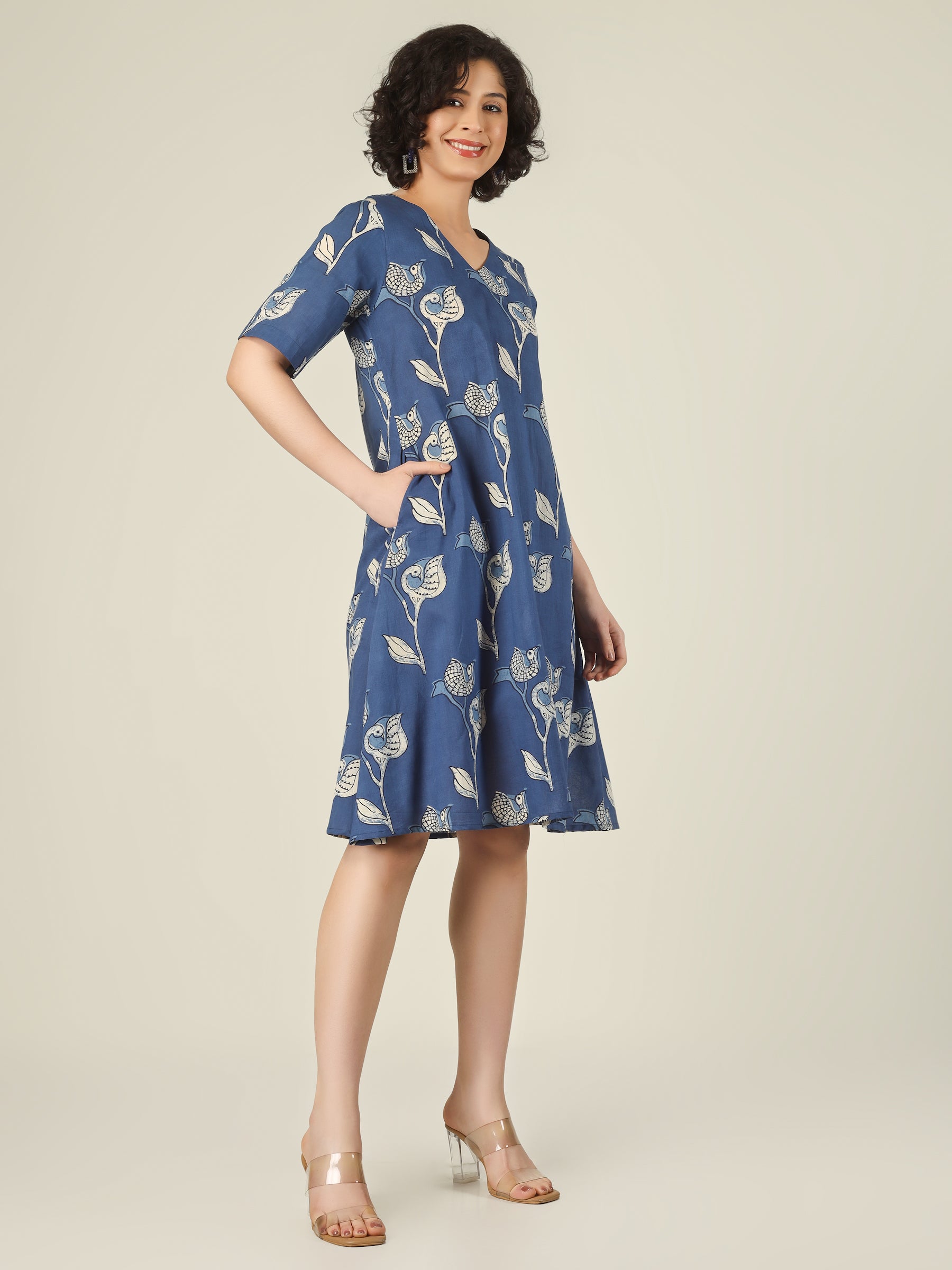 Navy Blue Printed Short A-Line Cotton Dress