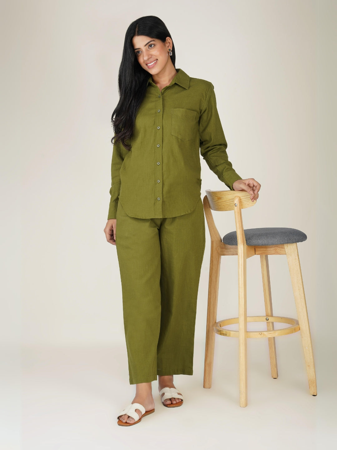 Olive Plain Cotton Co-ord Set