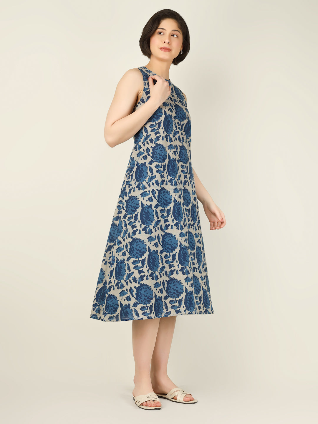 Blue Printed Sleeveless A-Line Cotton Dress