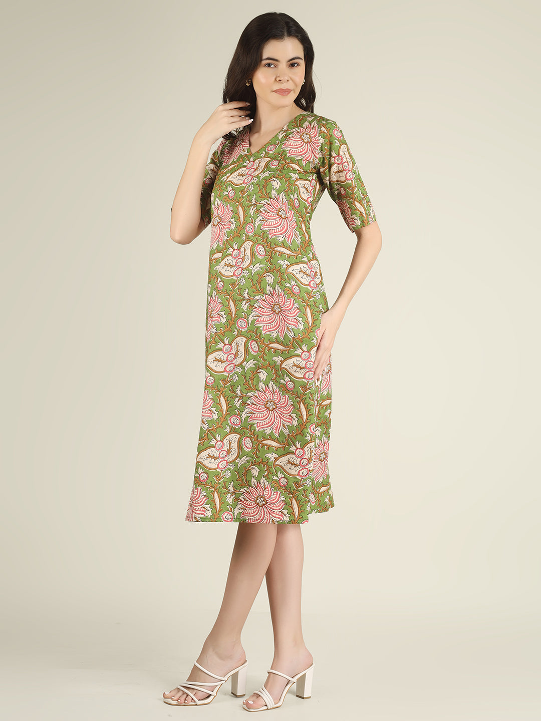 Green Printed Half-Sleeve A-Line Cotton Dress