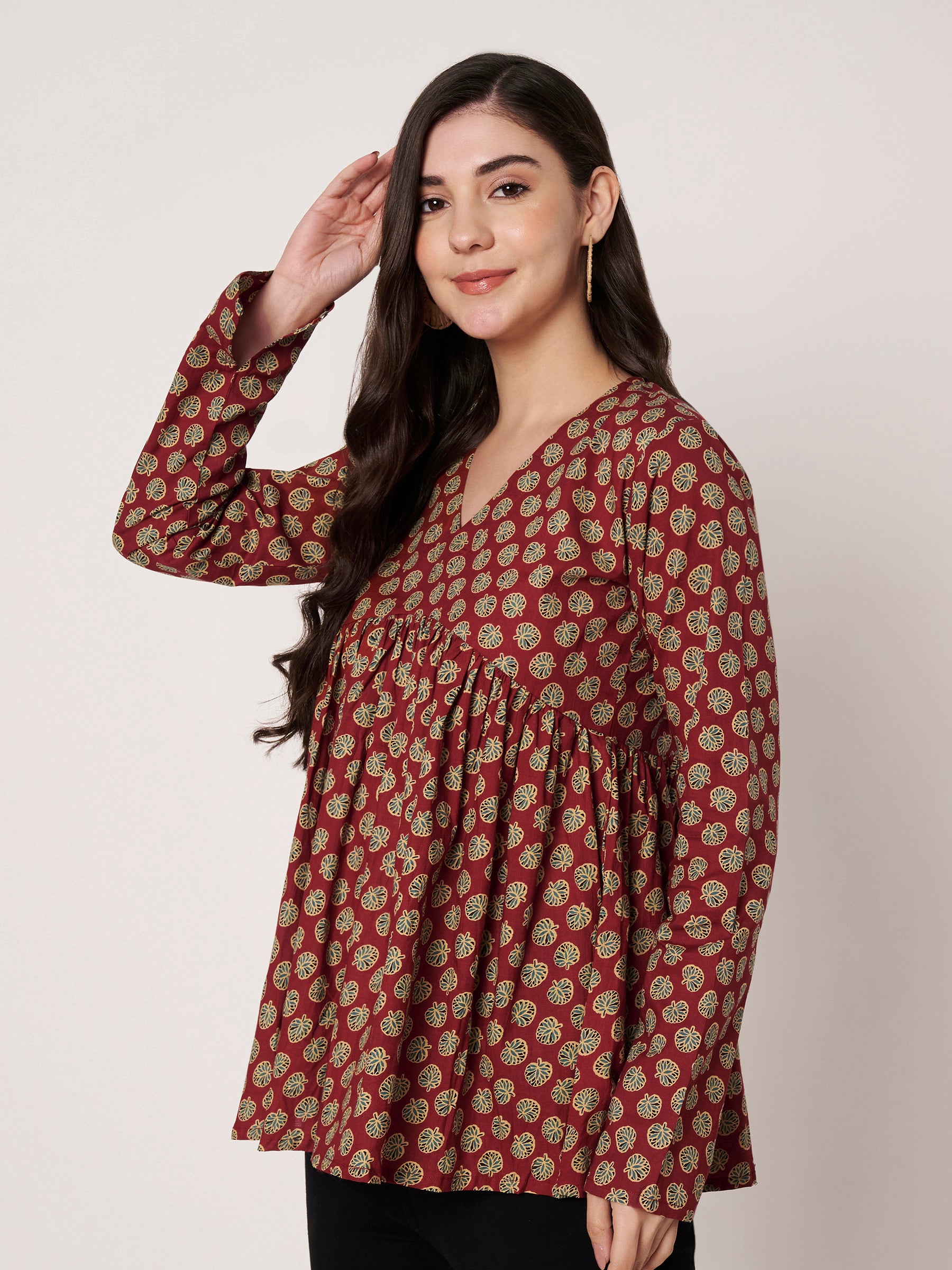 Maroon Printed Alia-Cut Cotton Top