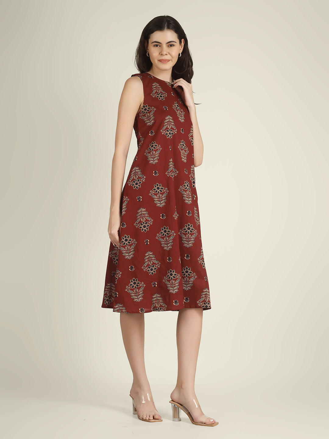 Maroon Printed Sleeveless A-Line Cotton Dress