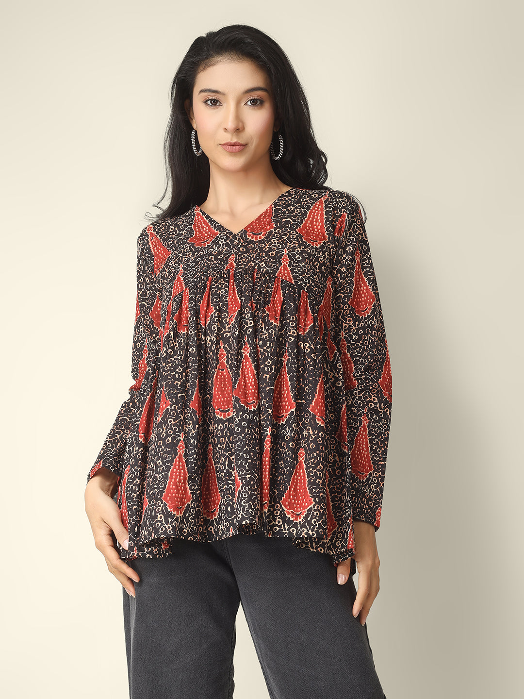 Black Printed Alia-Cut Cotton Peplum Top