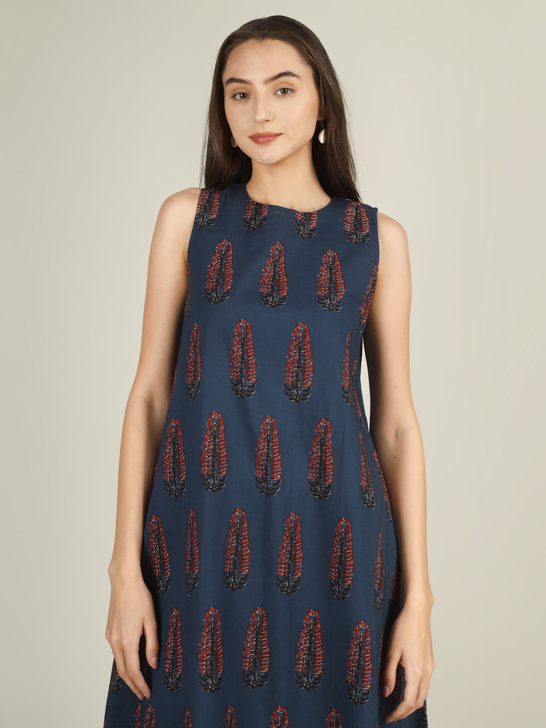 Blue Printed Sleeveless A-Line Cotton Dress
