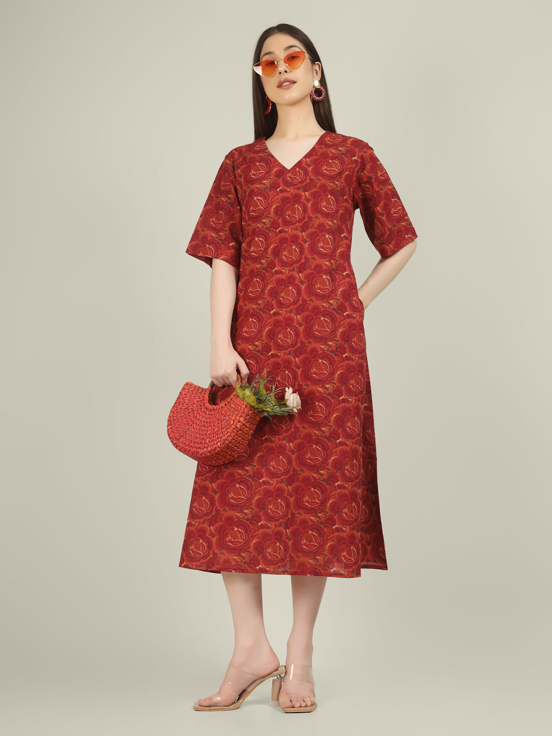 Pink Printed Half-Sleeve A-Line Cotton Dress