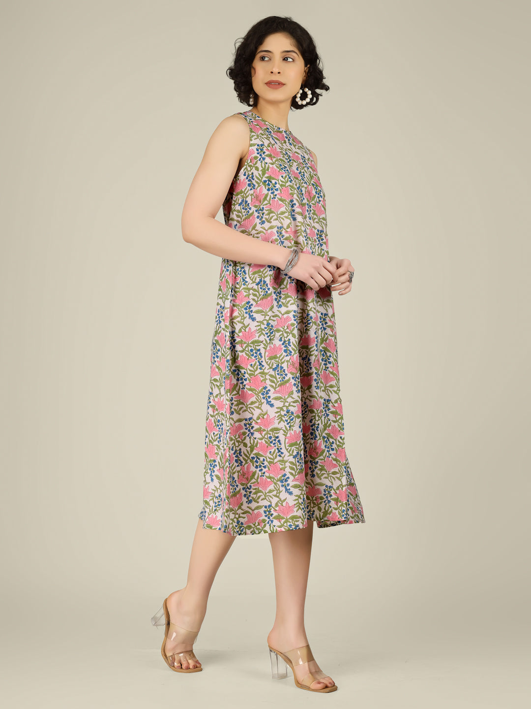 White Printed Sleeveless A-Line Cotton Dress