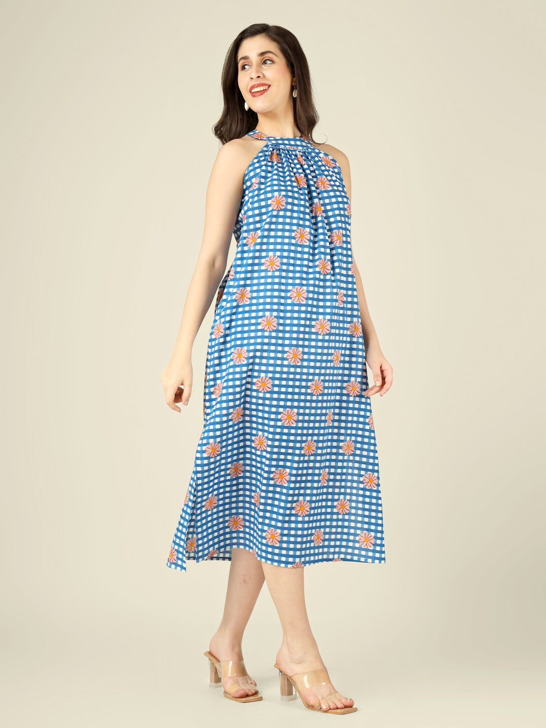 Blue Checked Halter Neck Long Sleeveless Cotton Dress