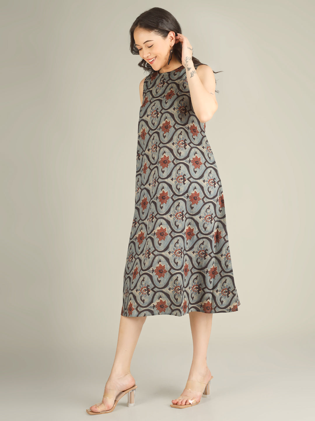 Dusty Blue Printed Sleeveless A-Line Cotton Dress