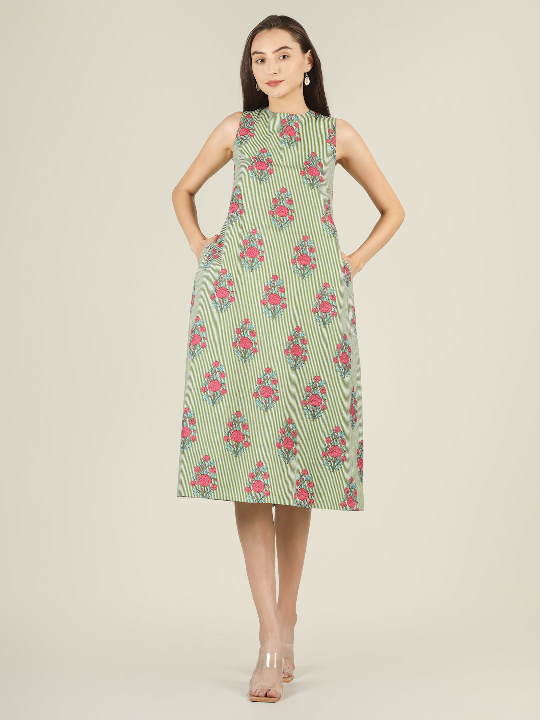 Green Striped Sleeveless A-Line Cotton Dress