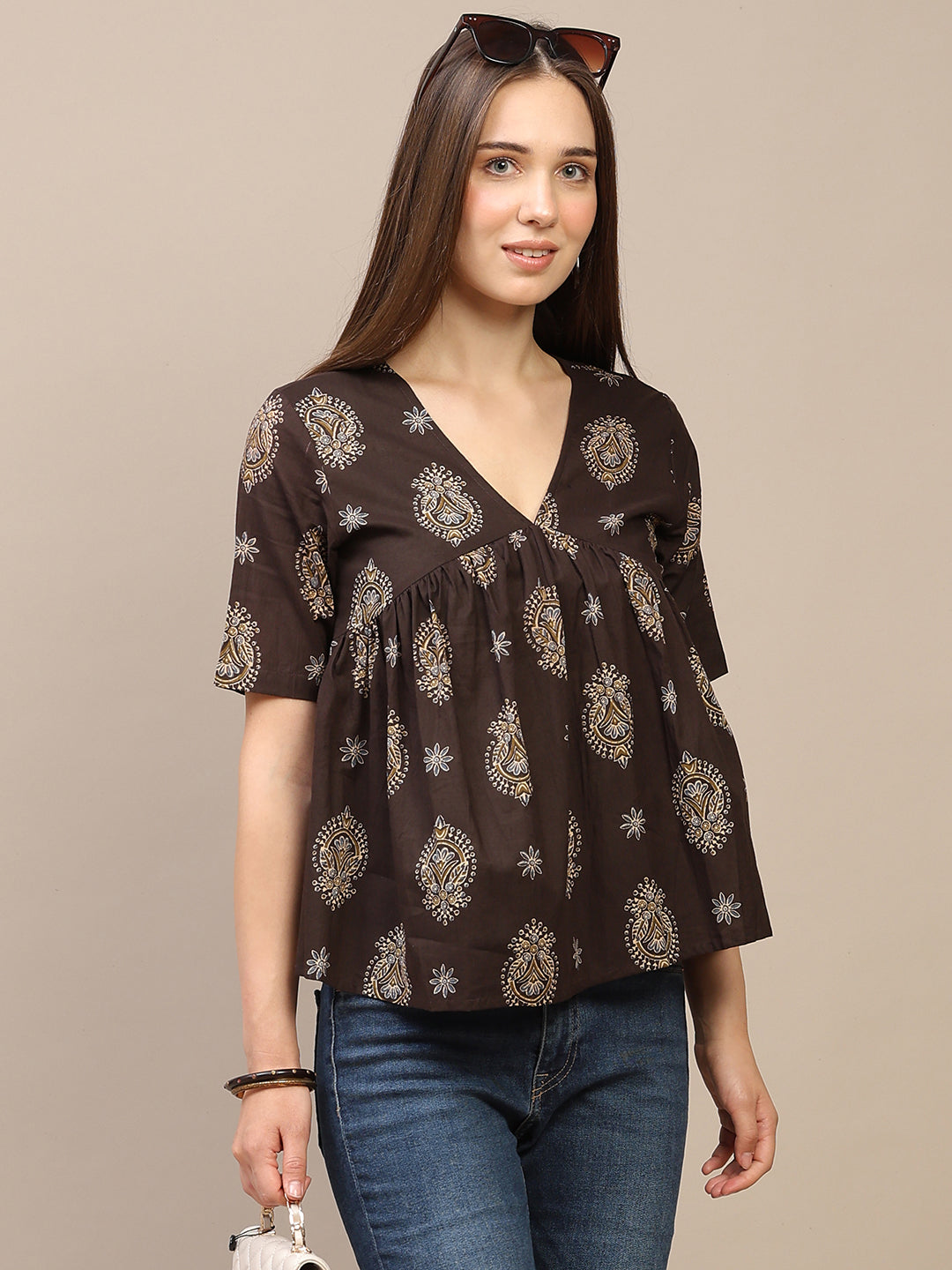Brown Printed Half-Sleeve Alia-Cut Cotton Top