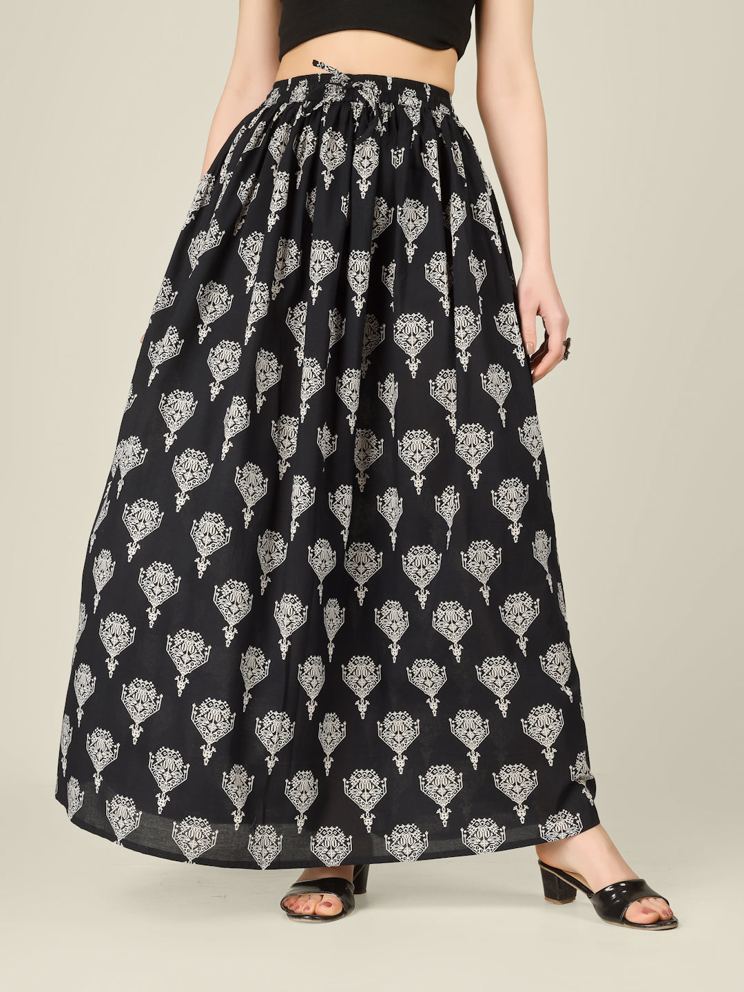 Black Printed Cotton Maxi Skirt
