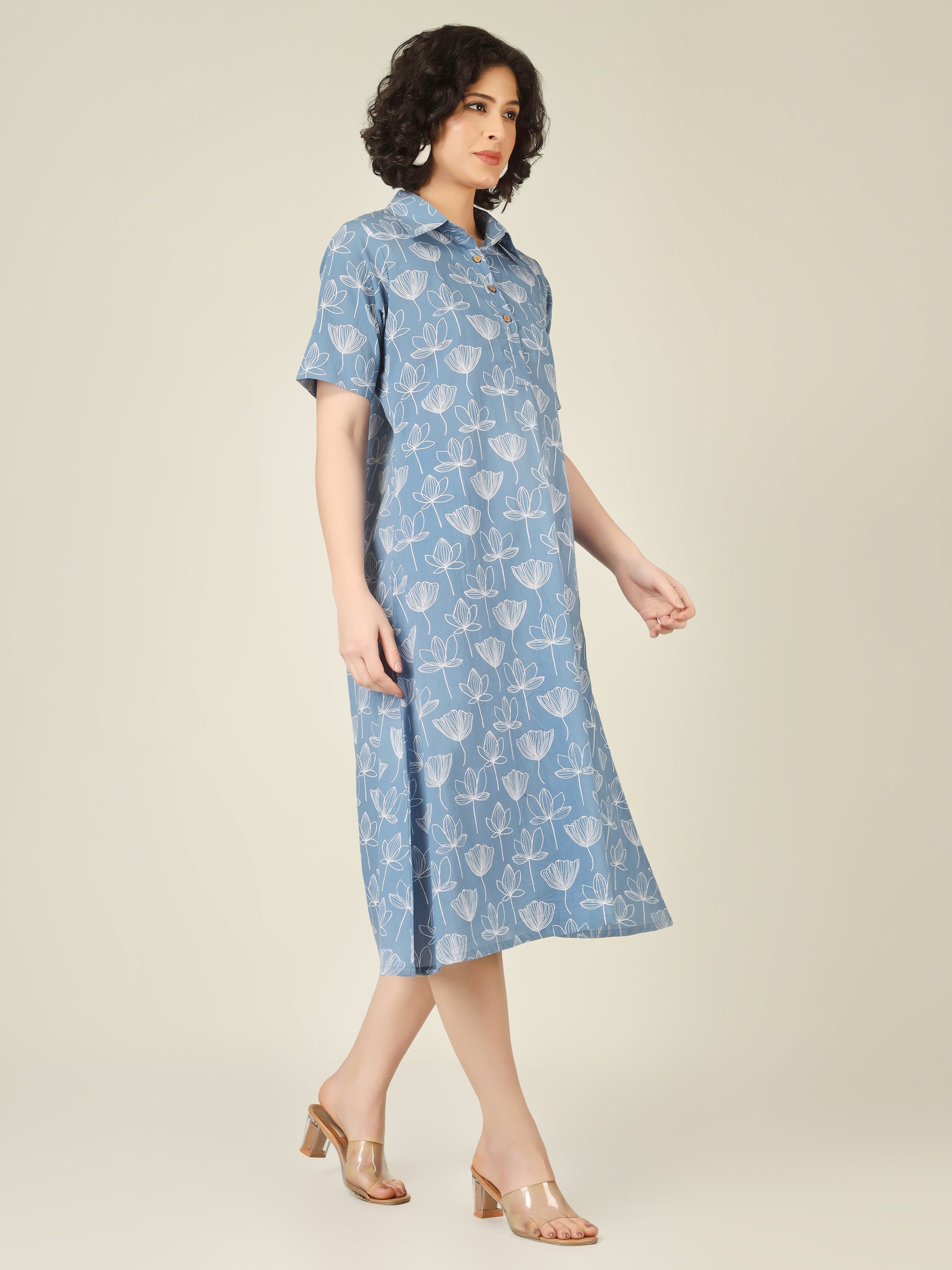 Sky Blue Printed A-Line Cotton Shirt Dress