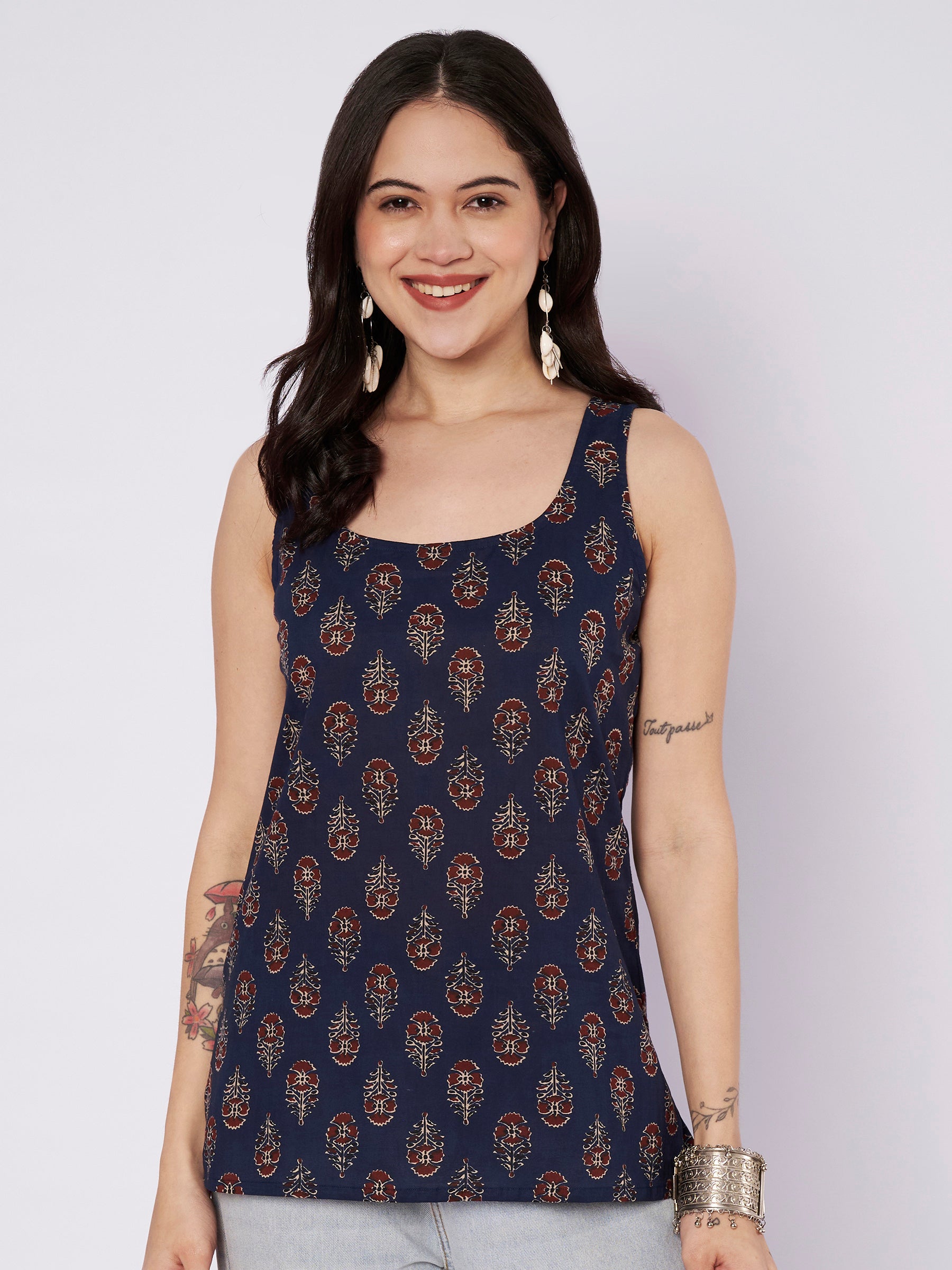 Navy Blue Printed Sleeveless Cotton Top