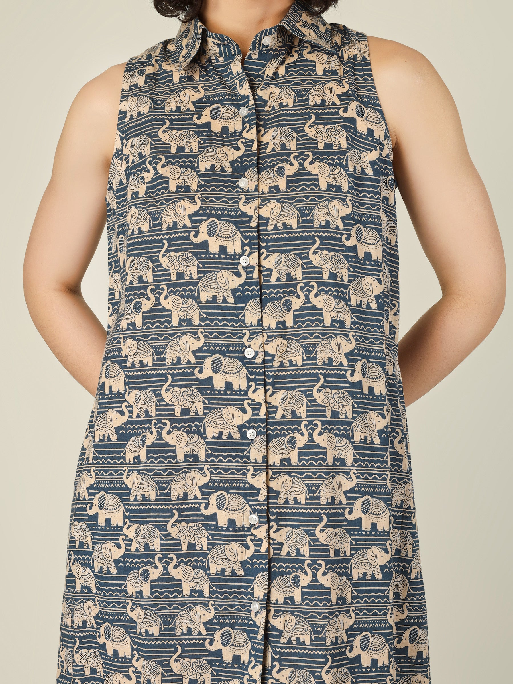 Blue Printed Short Sleeveless Cotton Shirt Dress