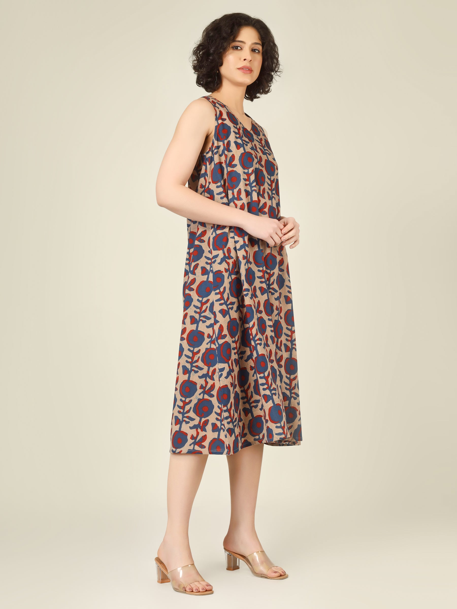 Beige Printed V-Neck Sleeveless A-Line Cotton Dress