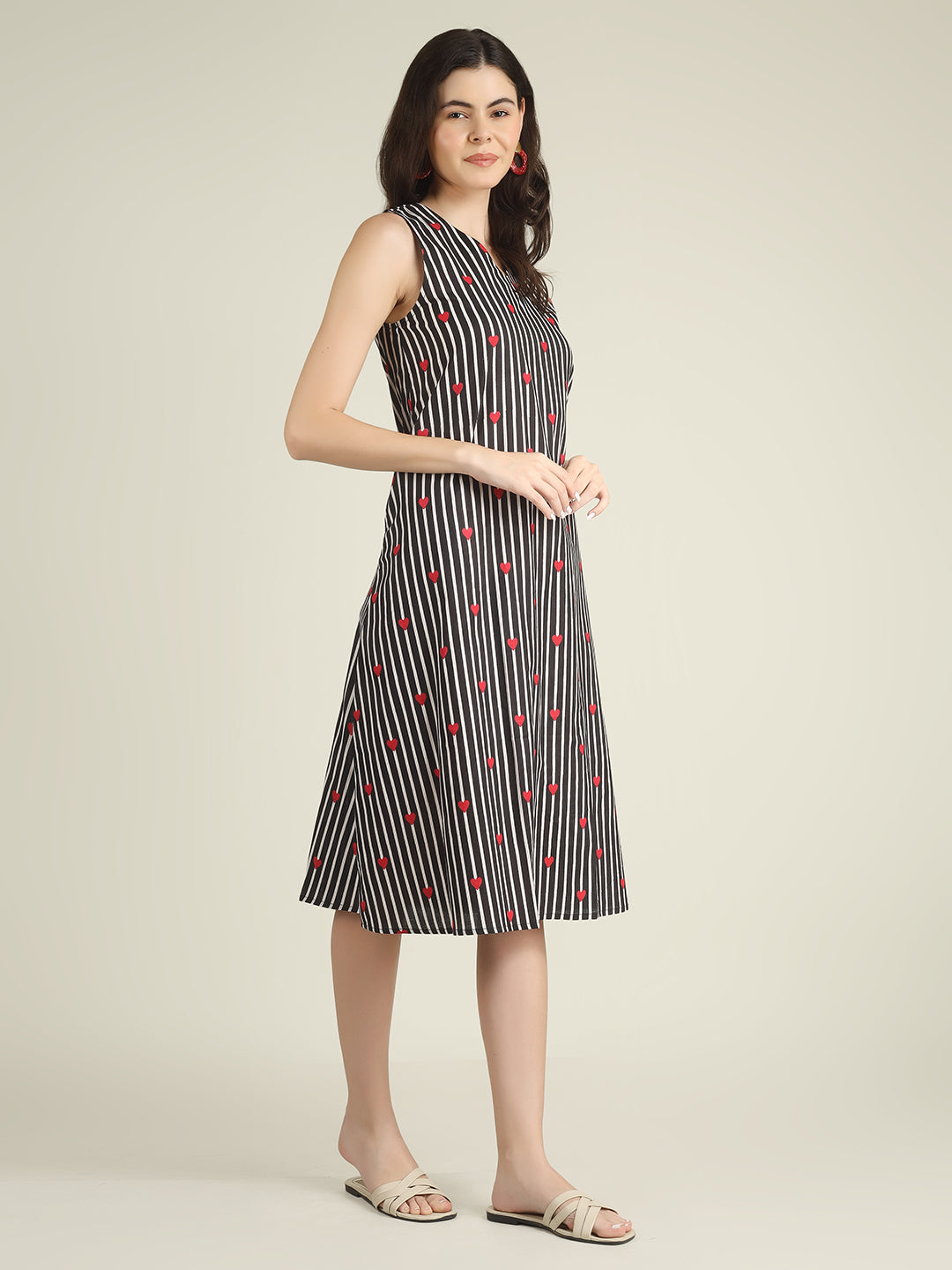 Black Striped Sleeveless V-Neck A-Line Cotton Dress