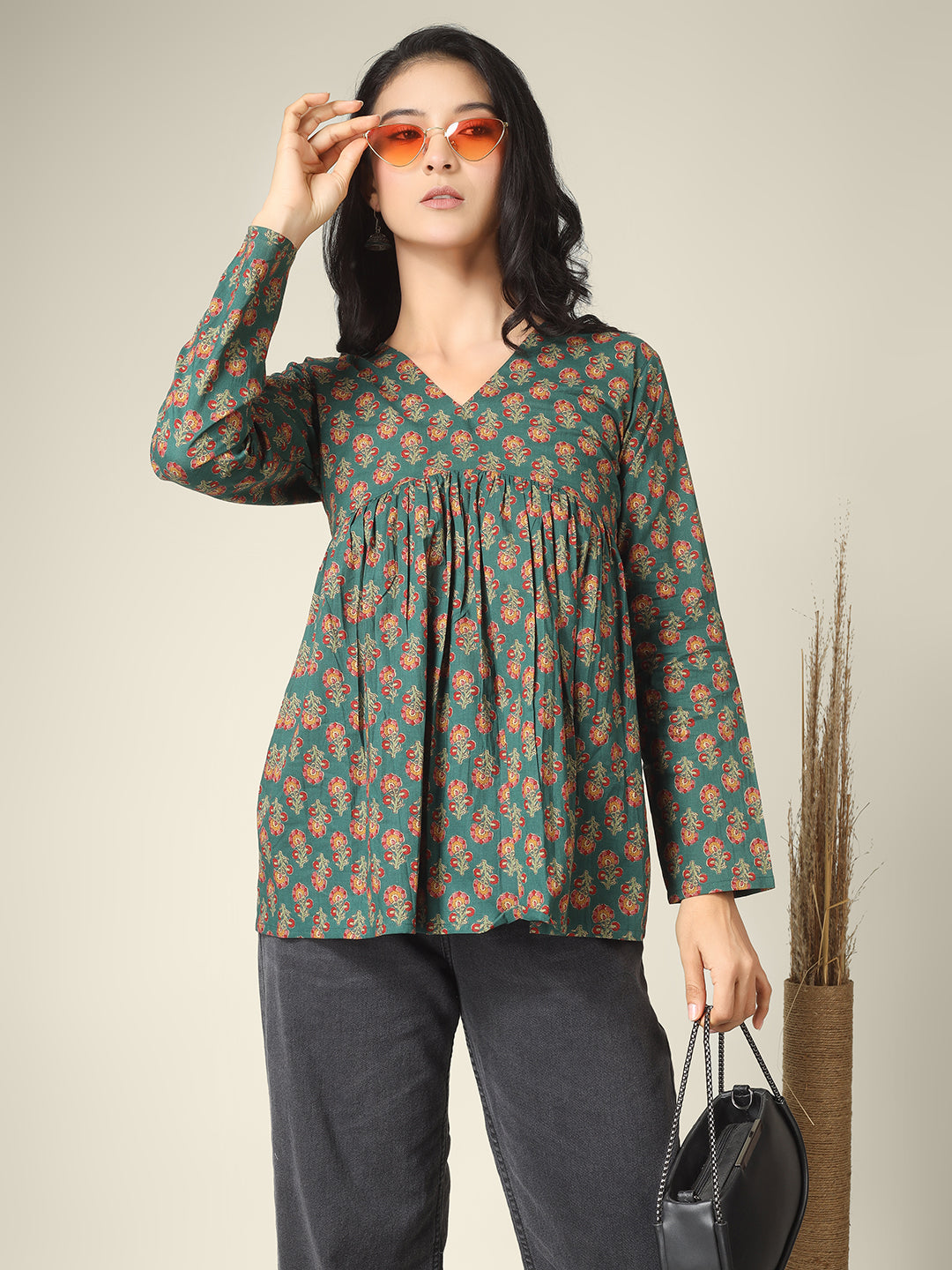 Green Printed Alia-Cut Cotton Peplum Top