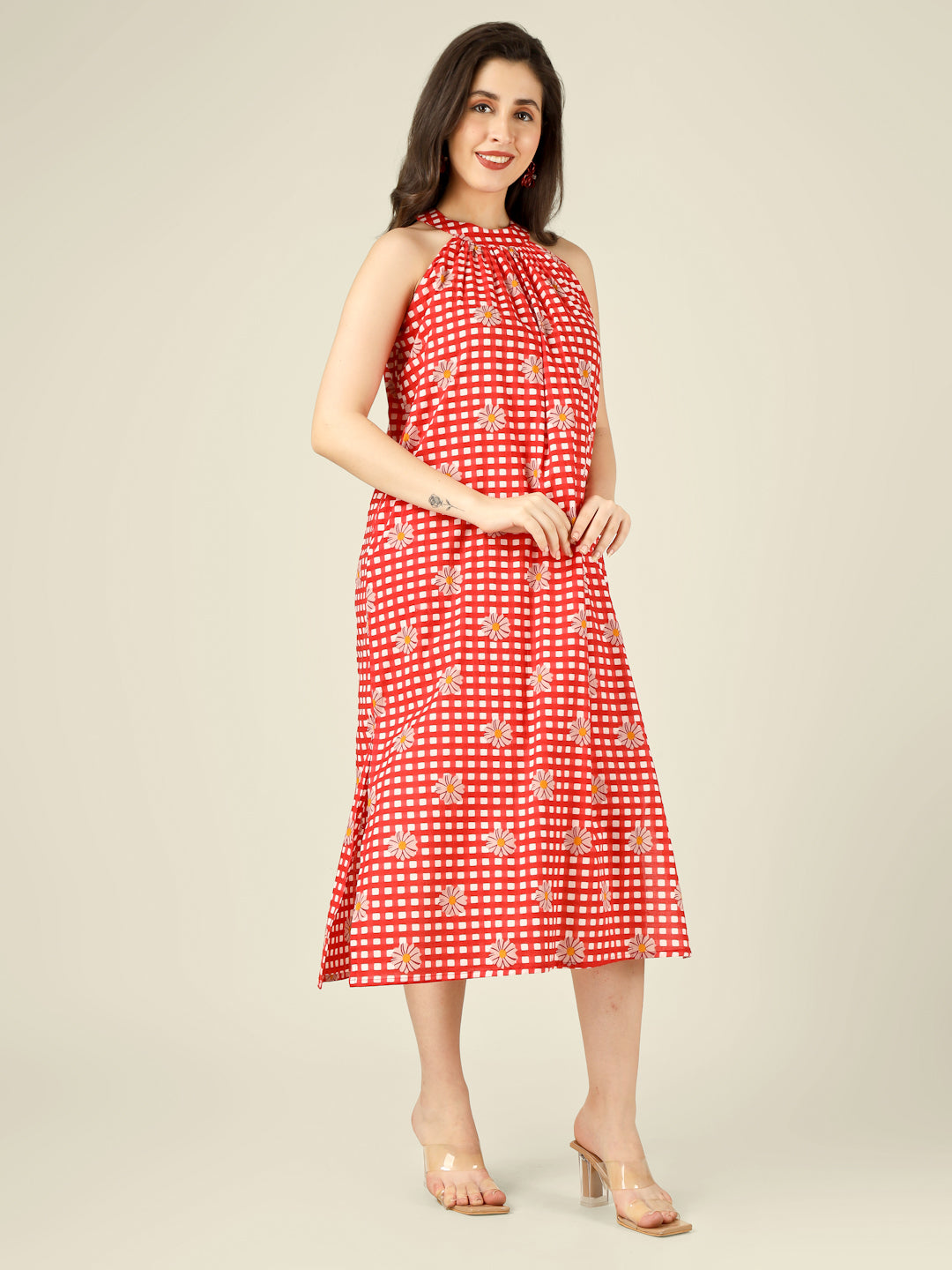 Red Checked Halter Neck Long Sleeveless Cotton Dress