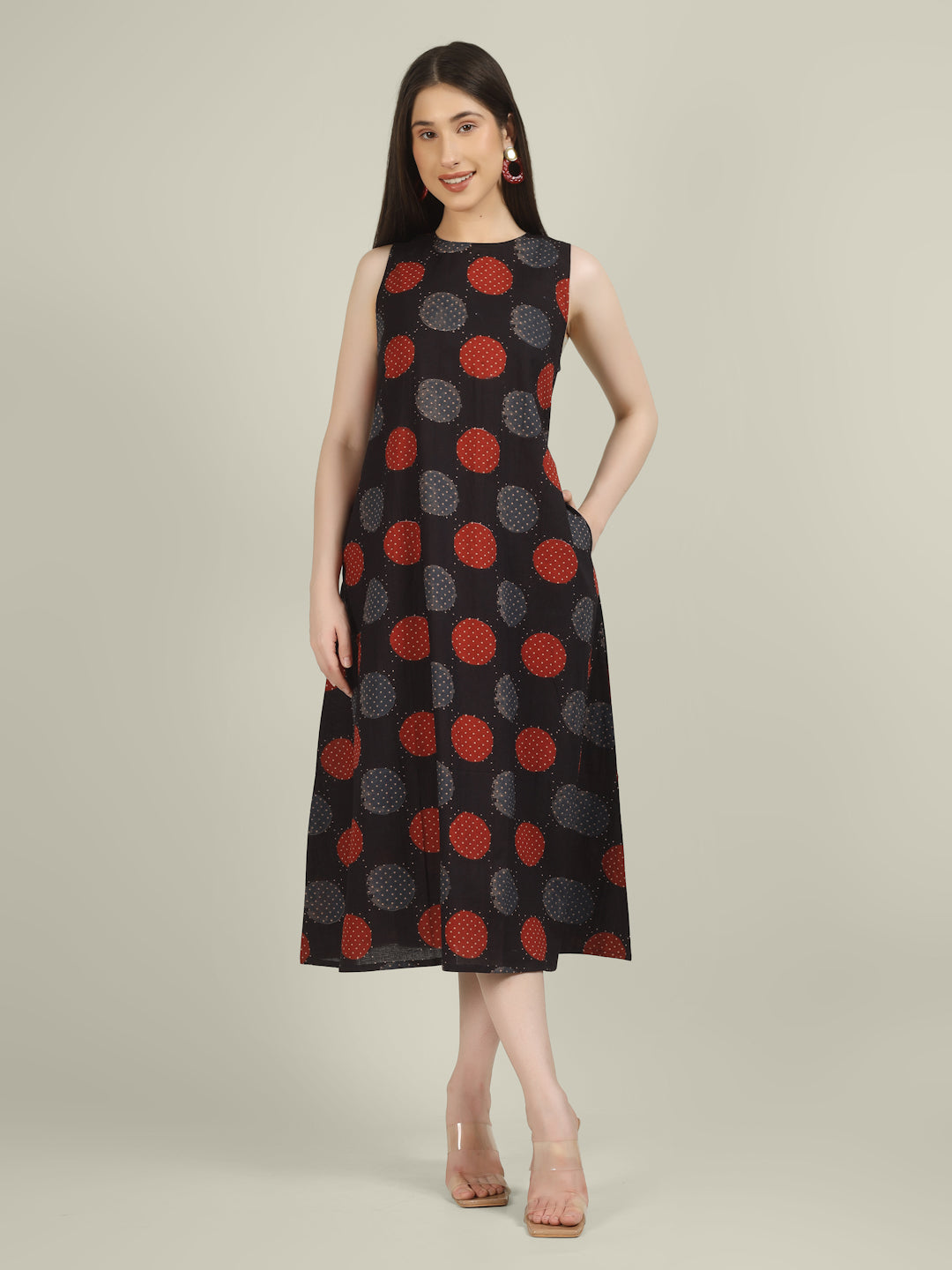 Black Printed Sleeveless A-Line Cotton Dress