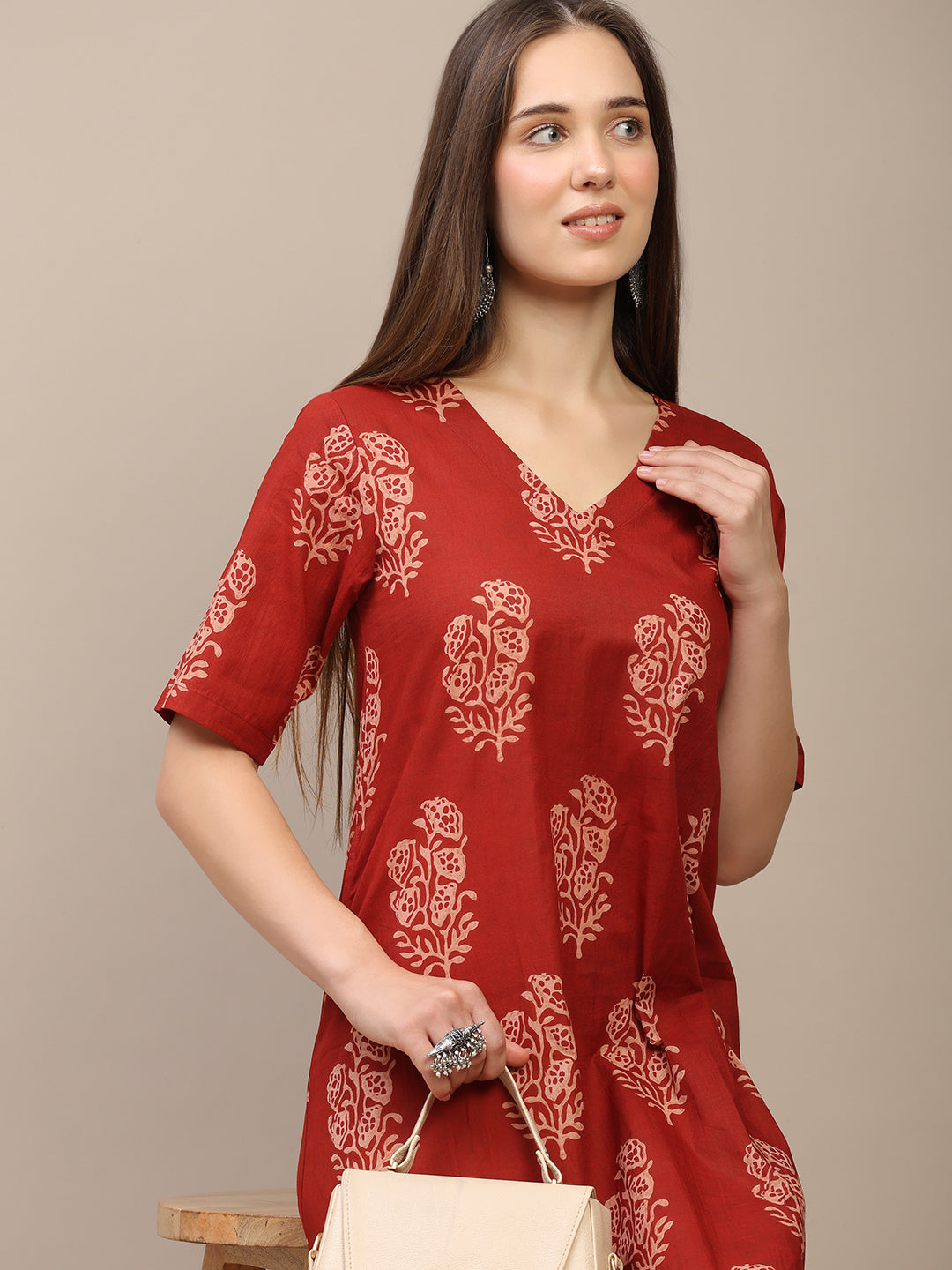 Red Printed Half-Sleeve A-Line Cotton Dress