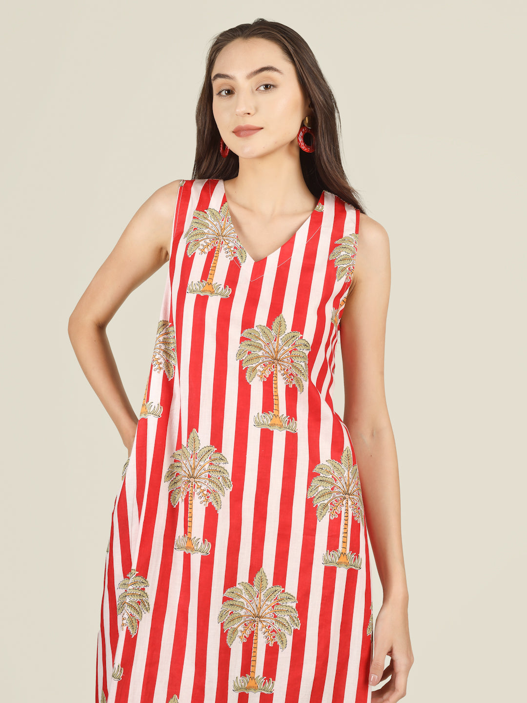 Red Striped V-Neck Sleeveless A-Line Cotton Dress