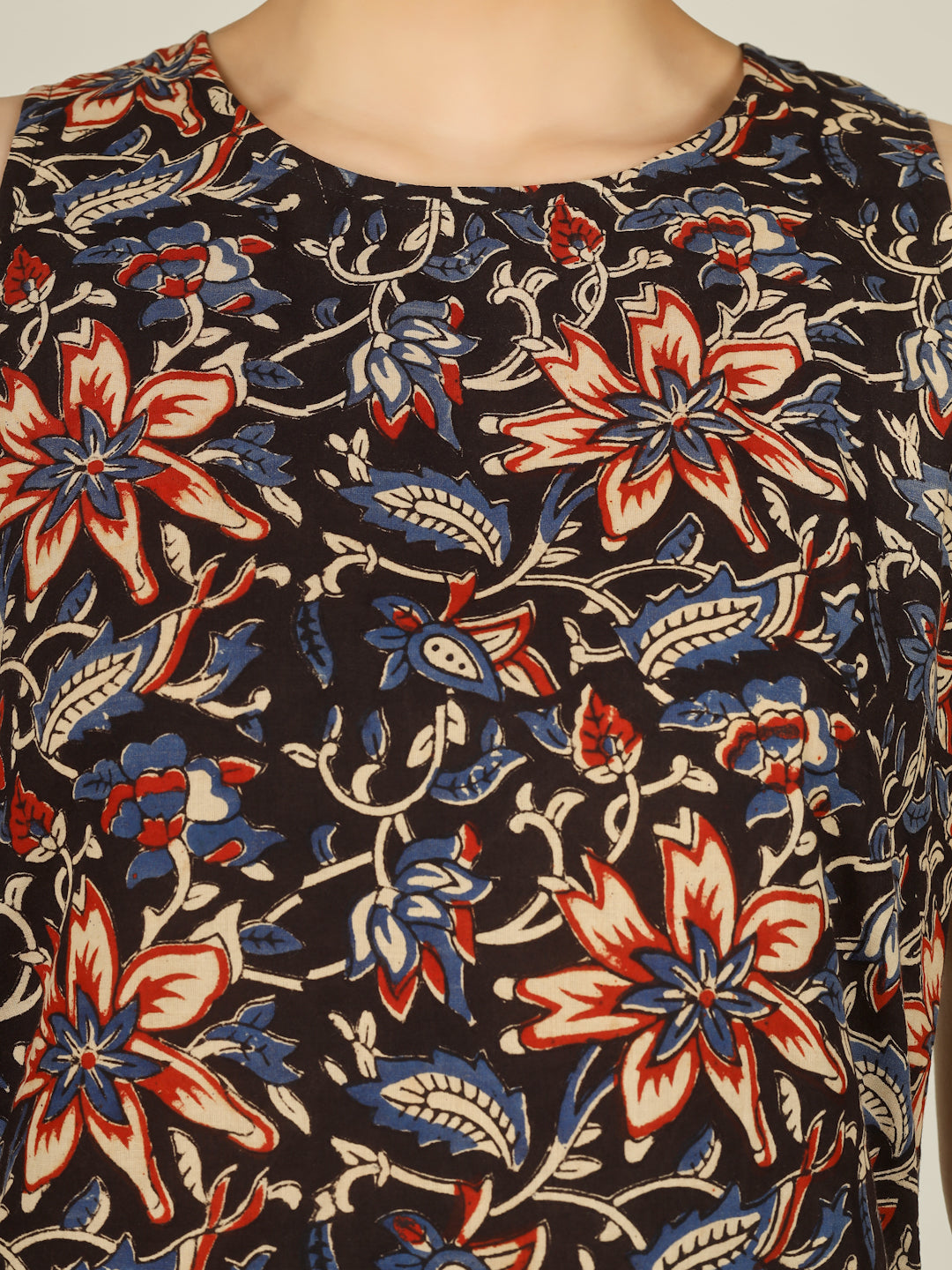 Black Printed Round Neck Sleeveless Cotton Top