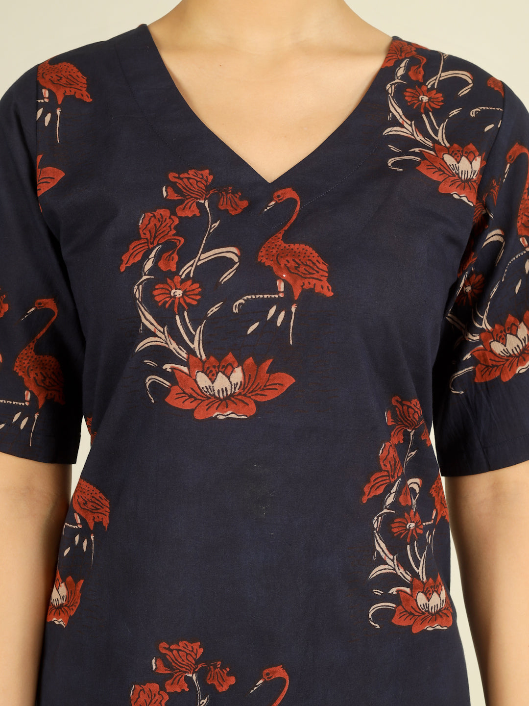 Navy Blue Printed Half-Sleeve A-Line Short Cotton Dress
