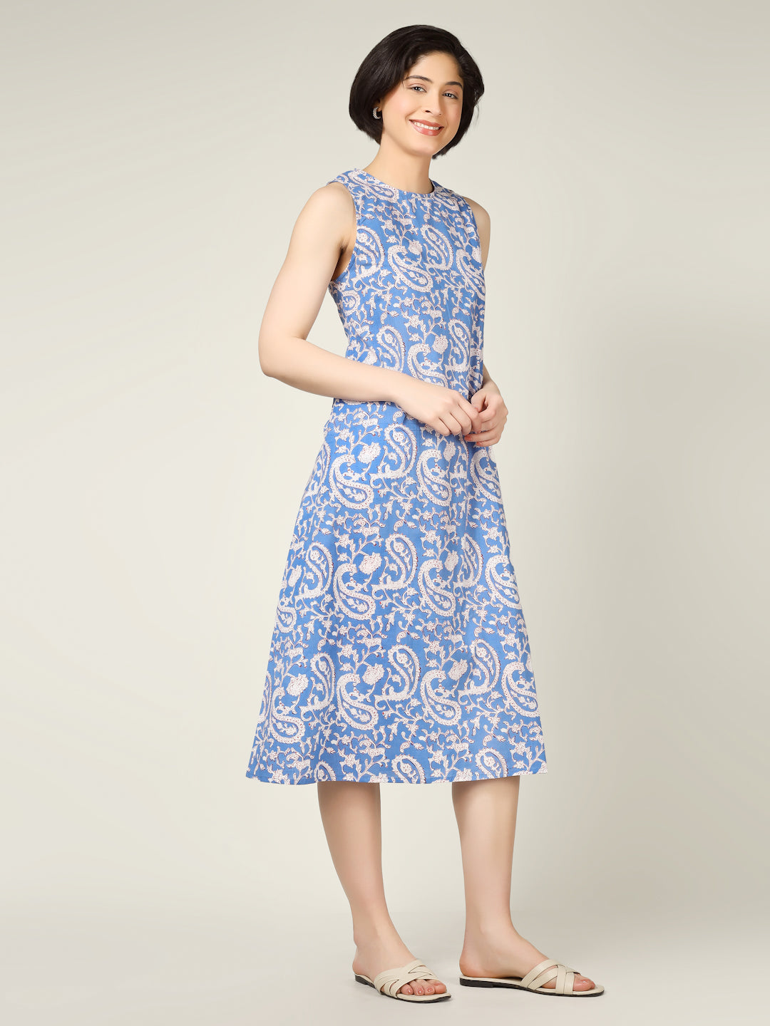 Lavender Printed Sleeveless A-Line Cotton Dress