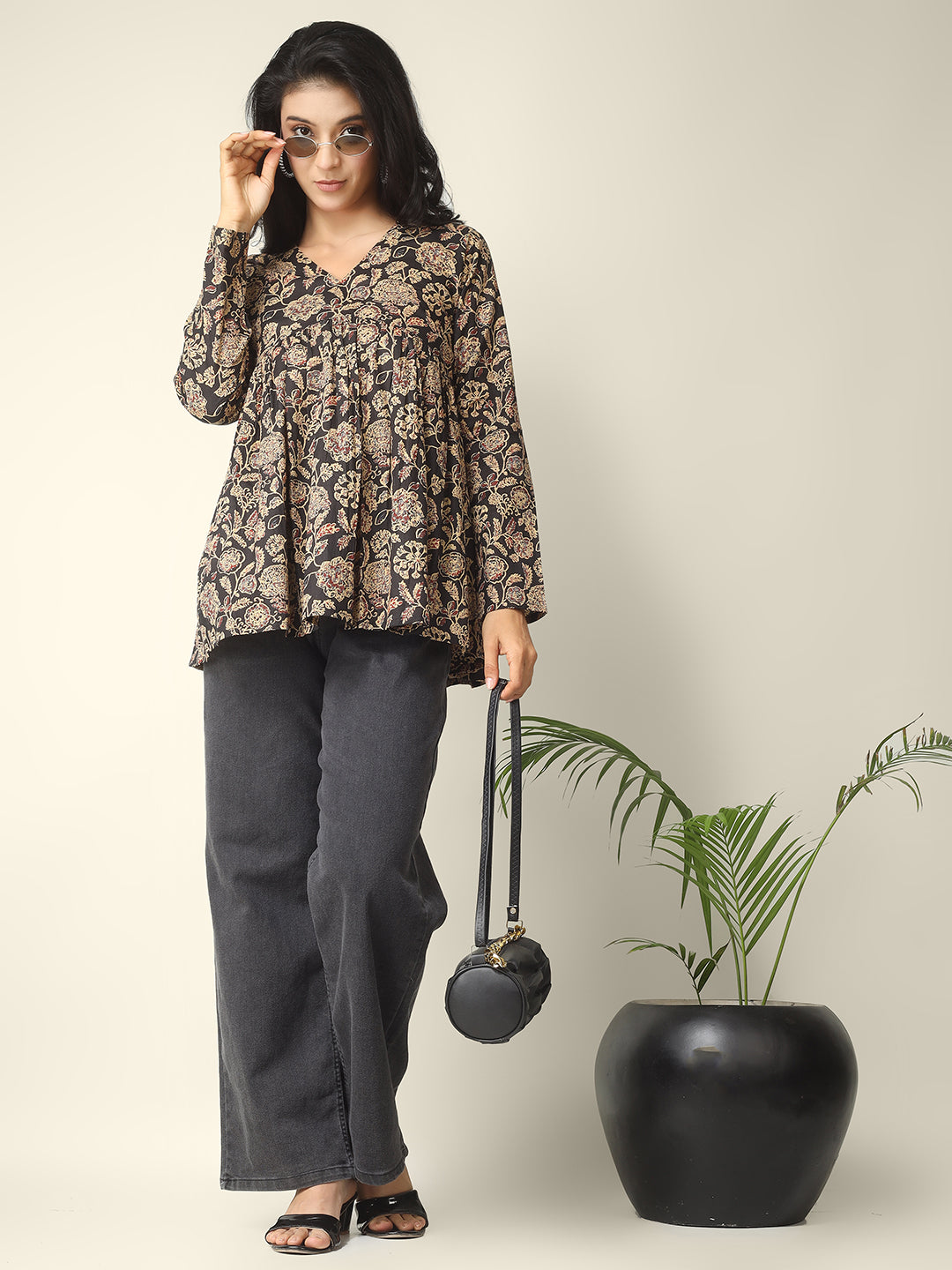 Black Printed Alia-Cut Cotton Peplum Top