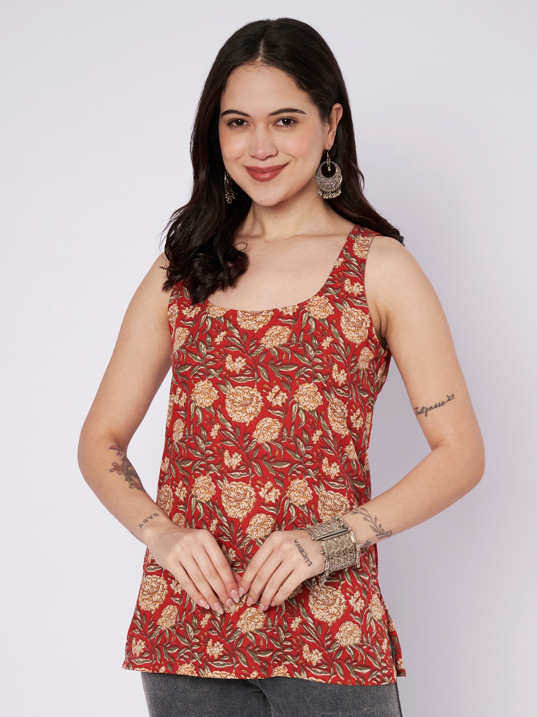 Maroon Printed Sleeveless Cotton Top