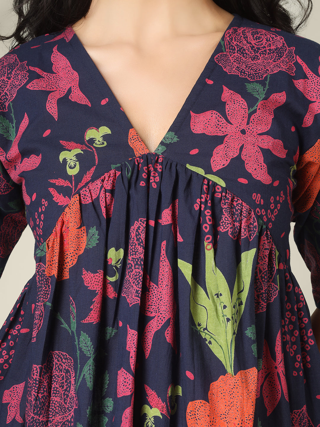 Navy Blue Printed Half-Sleeve Alia-Cut Cotton Peplum Top