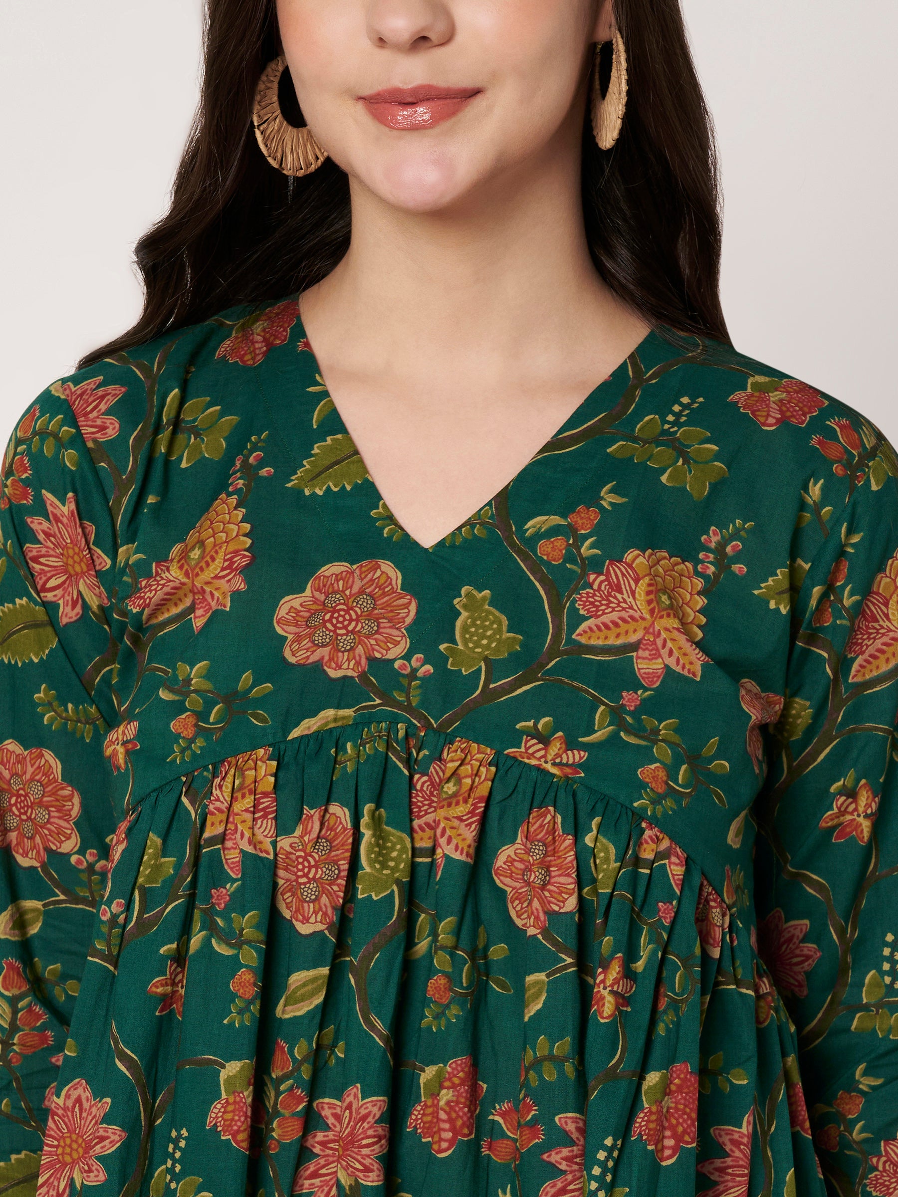 Green Printed Alia-Cut Cotton Top