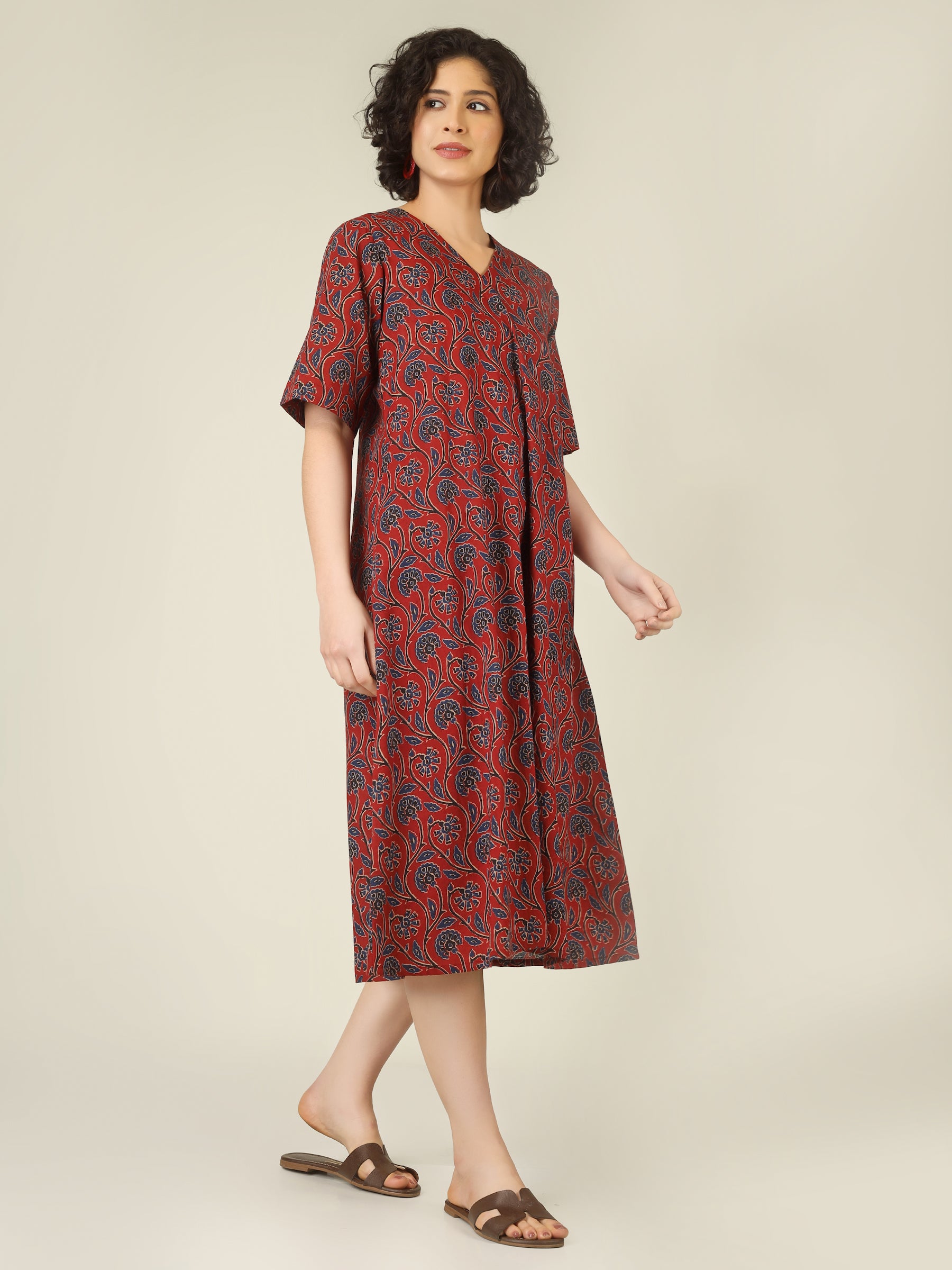 Maroon Printed Half-Sleeve A-Line Cotton Dress