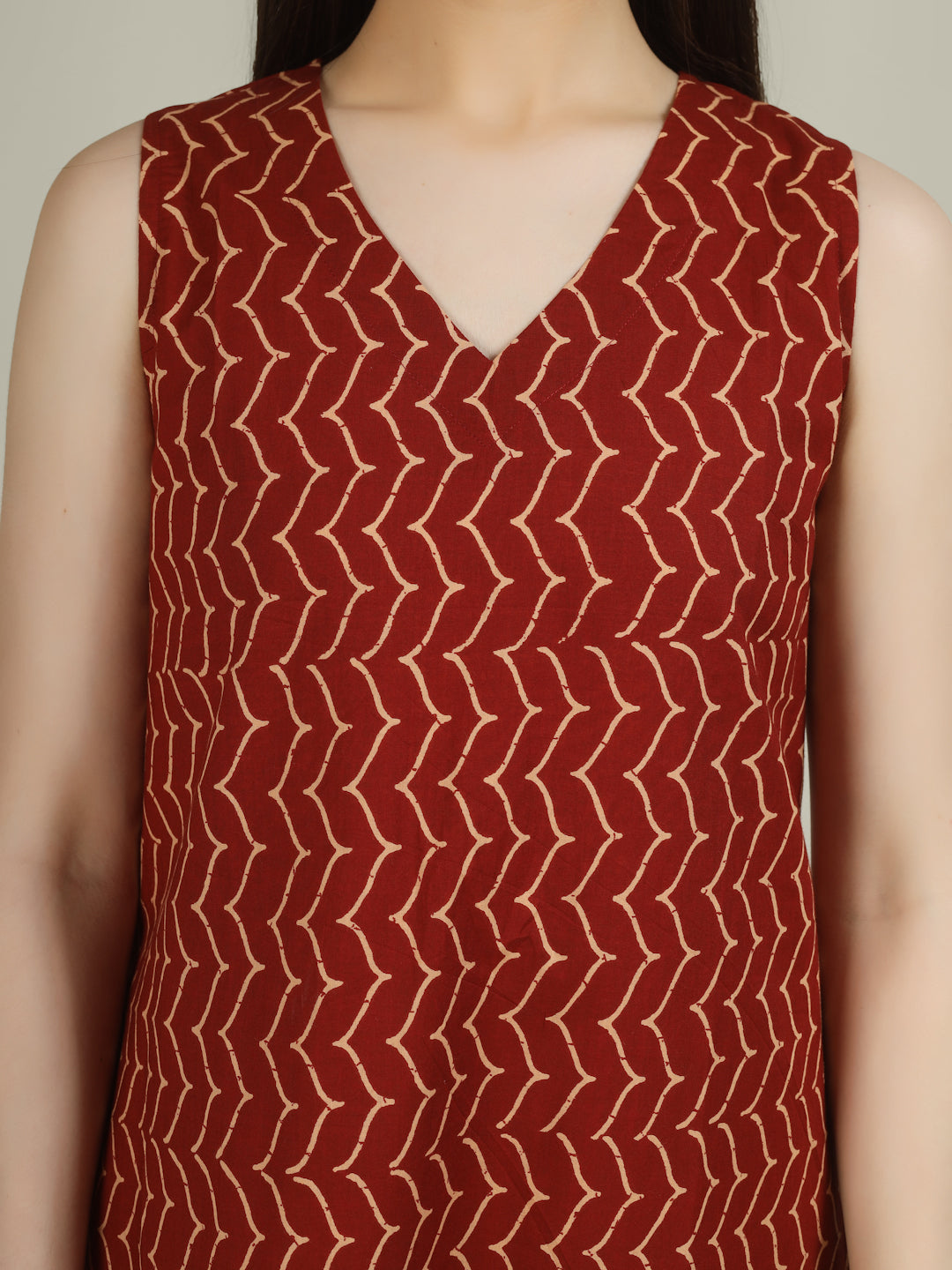 Rust Printed V-Neck Sleeveless A-Line Cotton Dress