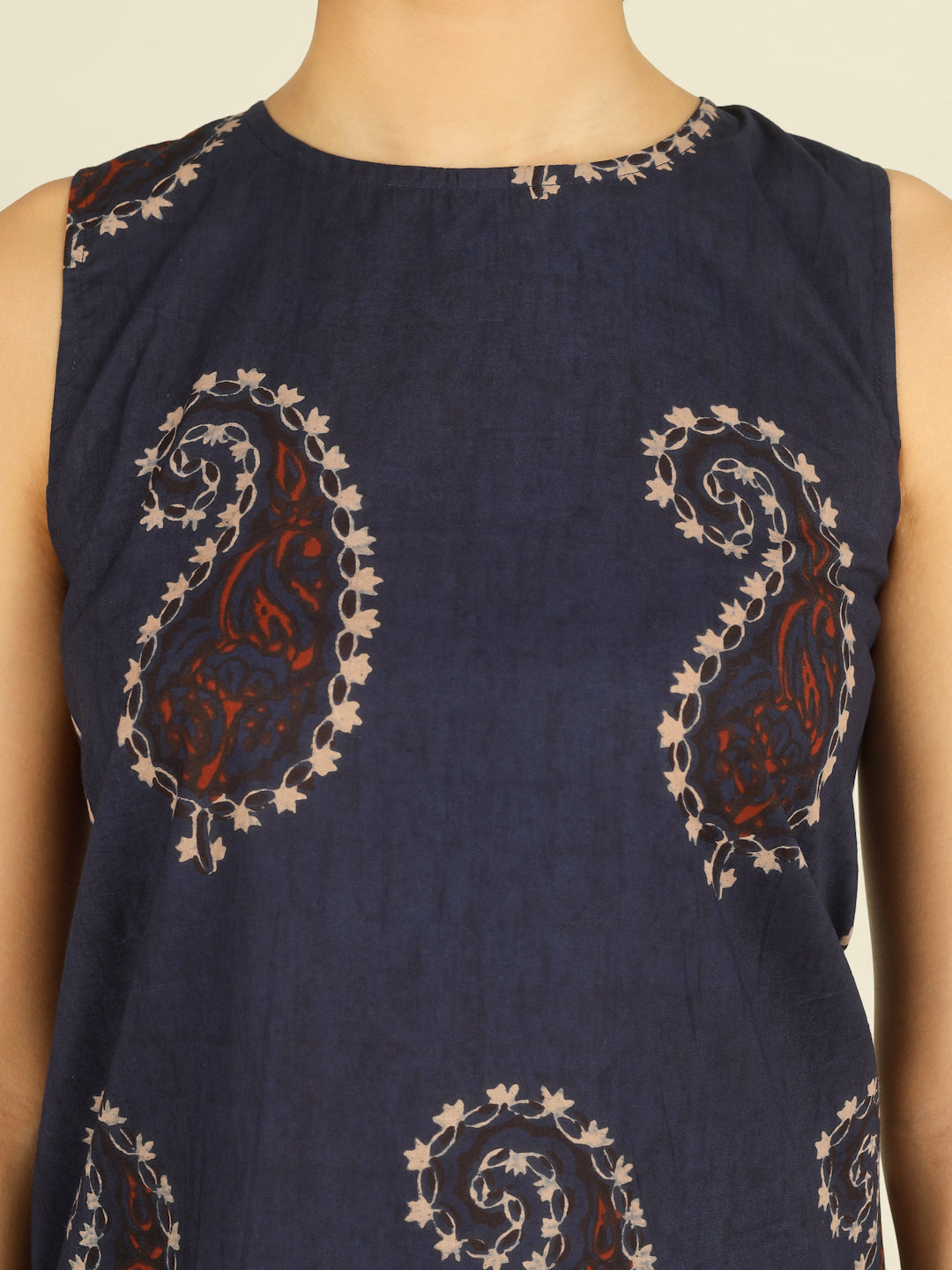 Navy Blue Printed Sleeveless A-Line Cotton Dress