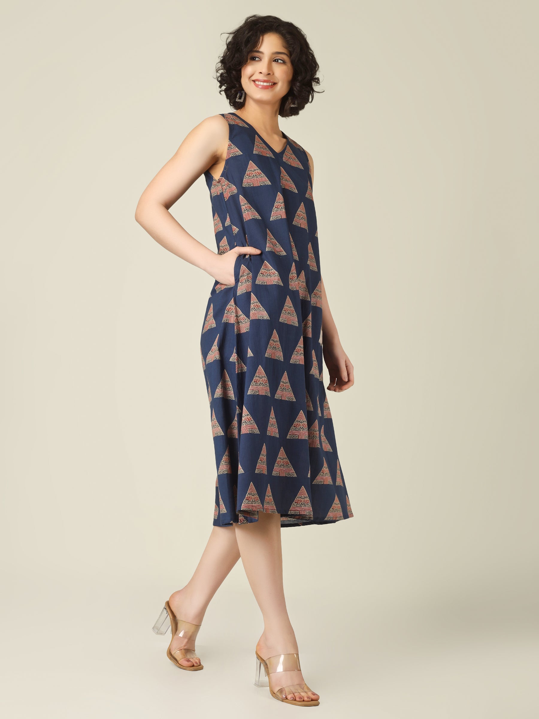Blue Printed V-Neck Sleeveless A-Line Cotton Dress