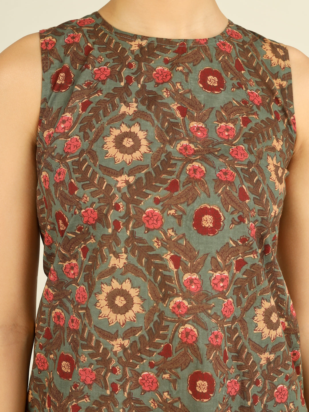 Green Printed Sleeveless A-Line Cotton Dress