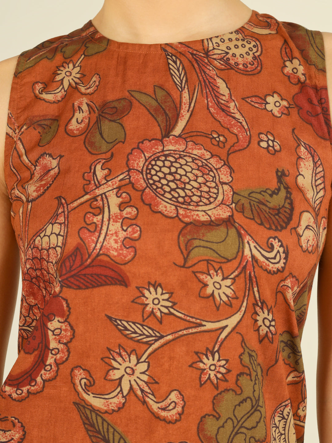 Orange Printed Sleeveless A-Line Cotton Dress