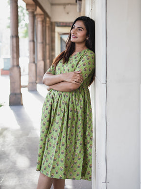 Green Printed Flared Cotton Dress