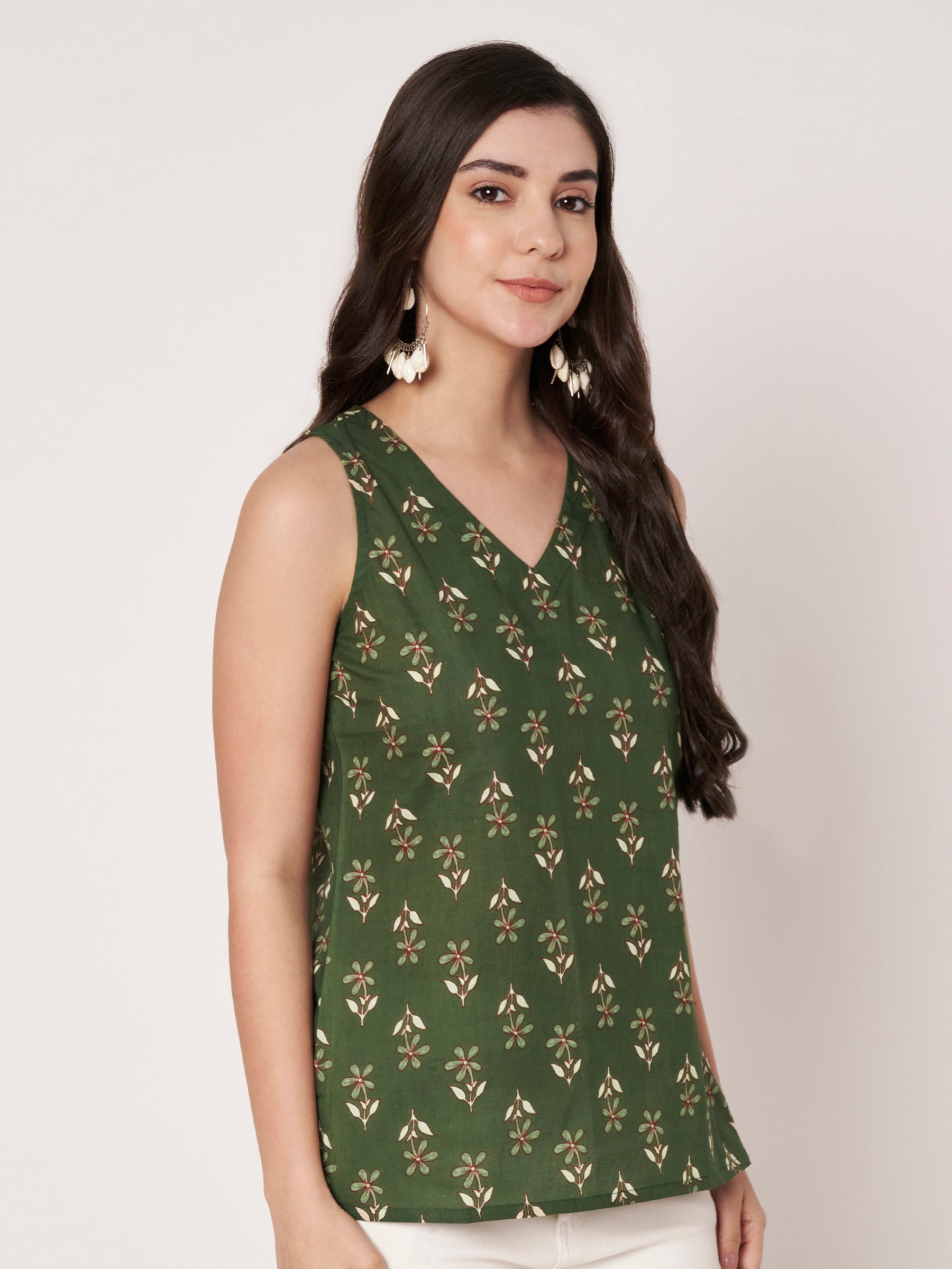 Green Printed Sleeveless V-Neck Cotton Top