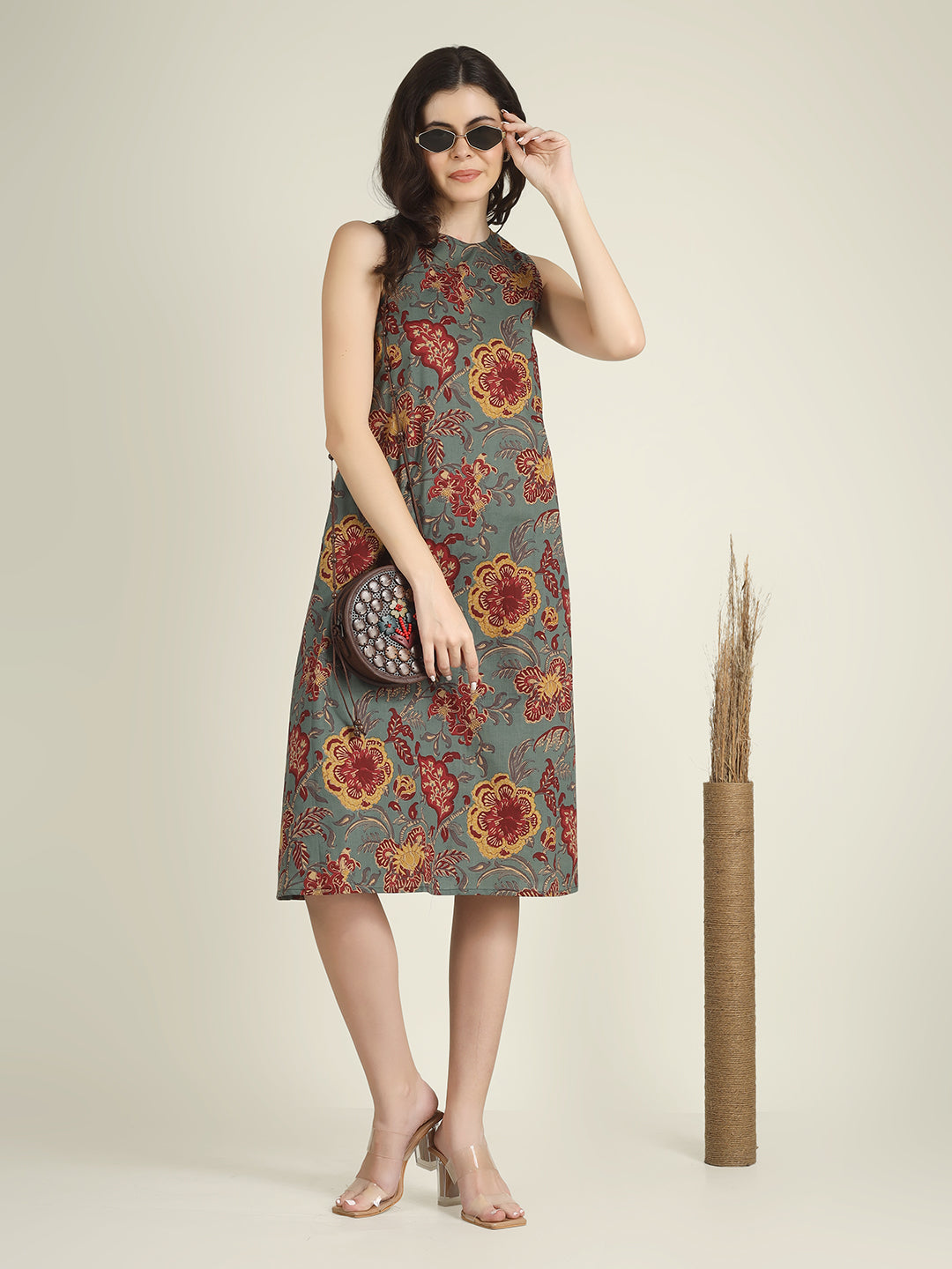 Green Printed Sleeveless A-Line Cotton Dress
