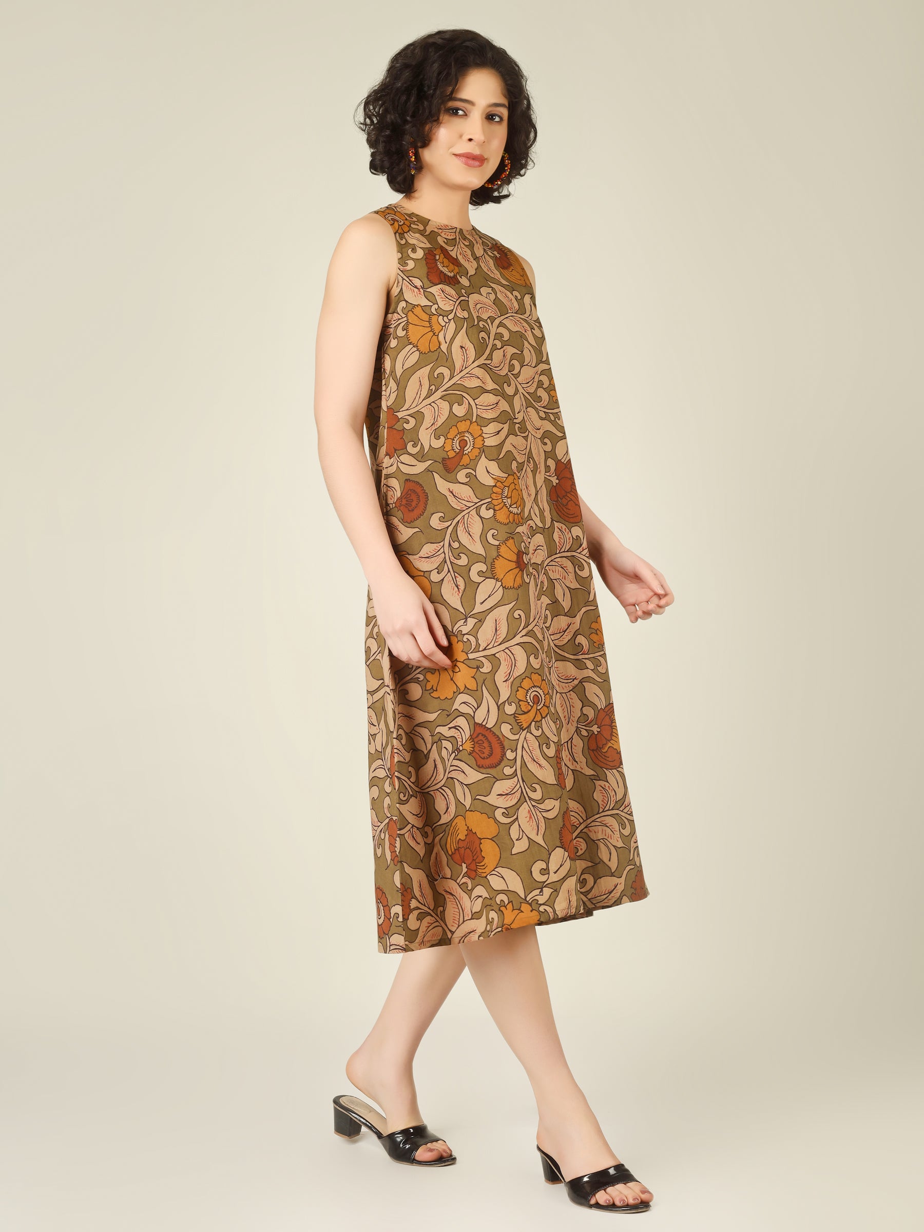 Olive Printed Sleeveless A-Line Cotton Dress